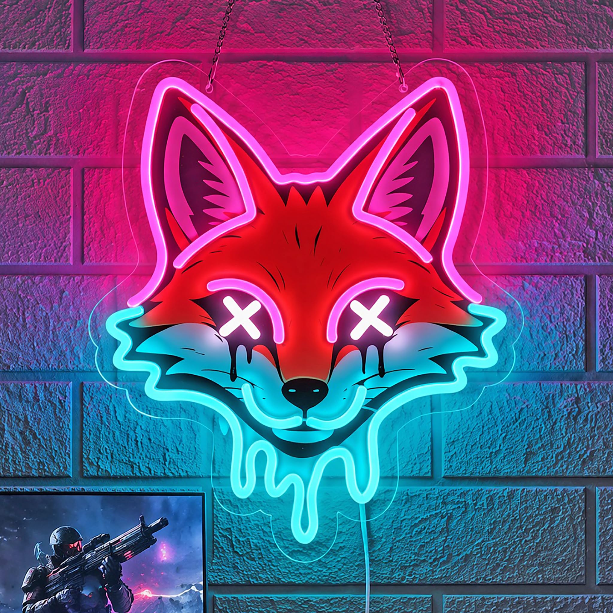 Cyberpunk - Letrero de neón LED rosa y azul hielo para decoración de pared, 14.5 x 12.6 pulgadas, letrero de neón de animales estéticos oscuros con cable USB de 6.5 pies, luces de neón de zorro