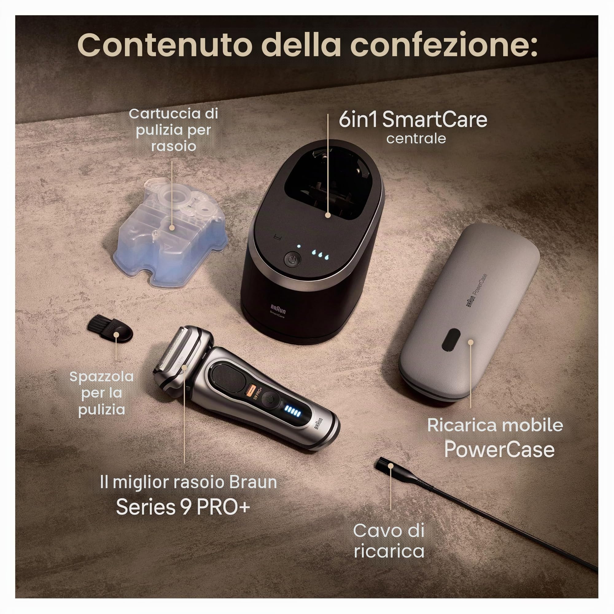Braun Serie 9 PRO+ 9577cc Rasoio elettrico da uomo, 5 elementi Pro e rasoio di precisione per capelli lunghi, Centro SmartCare 6in1, PowerCase ricarica mobile, Wet & Dry