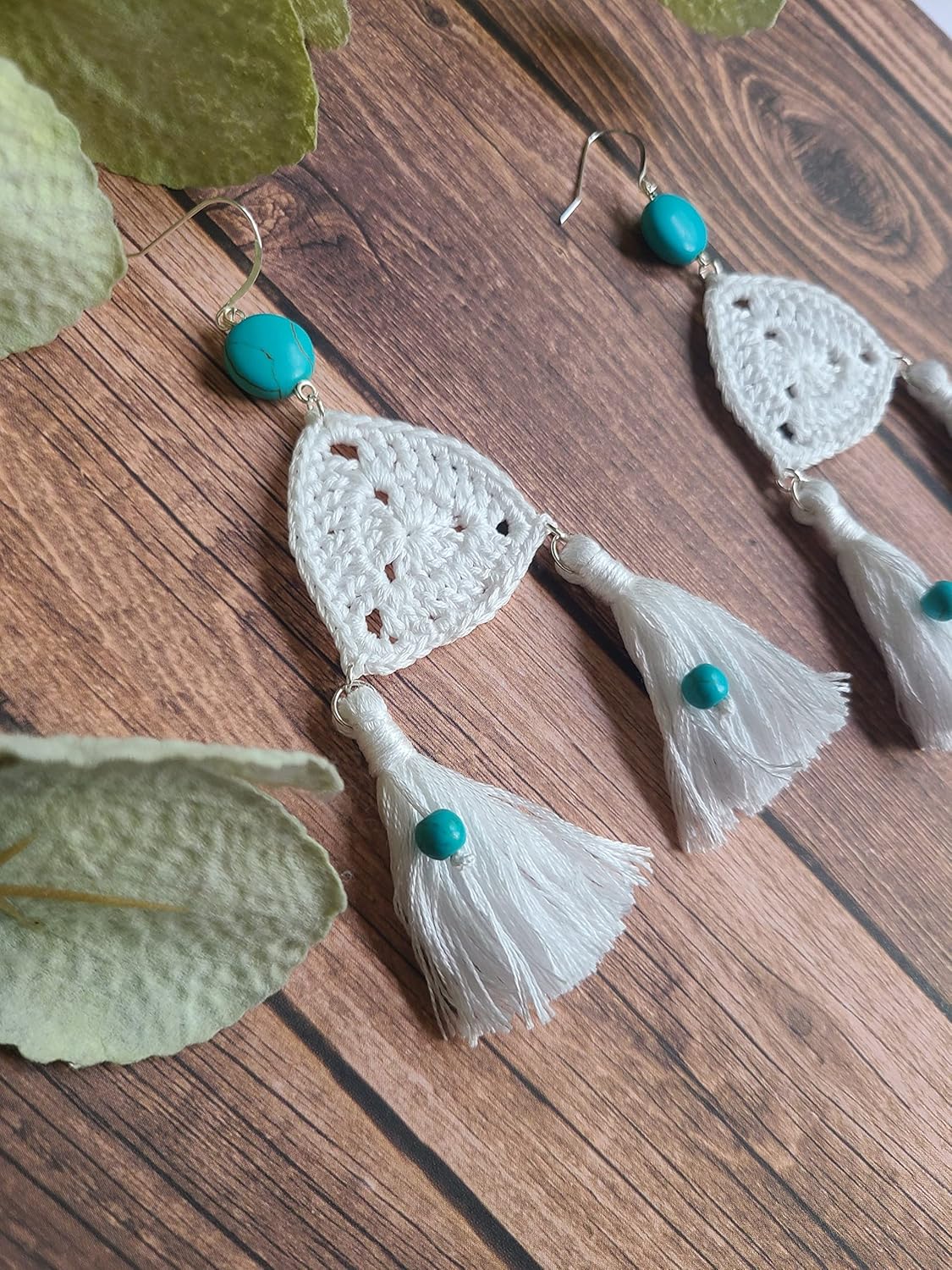 White Statement Dangle Tassel Earrings with Turquoise Beads for women Western jewelry large long