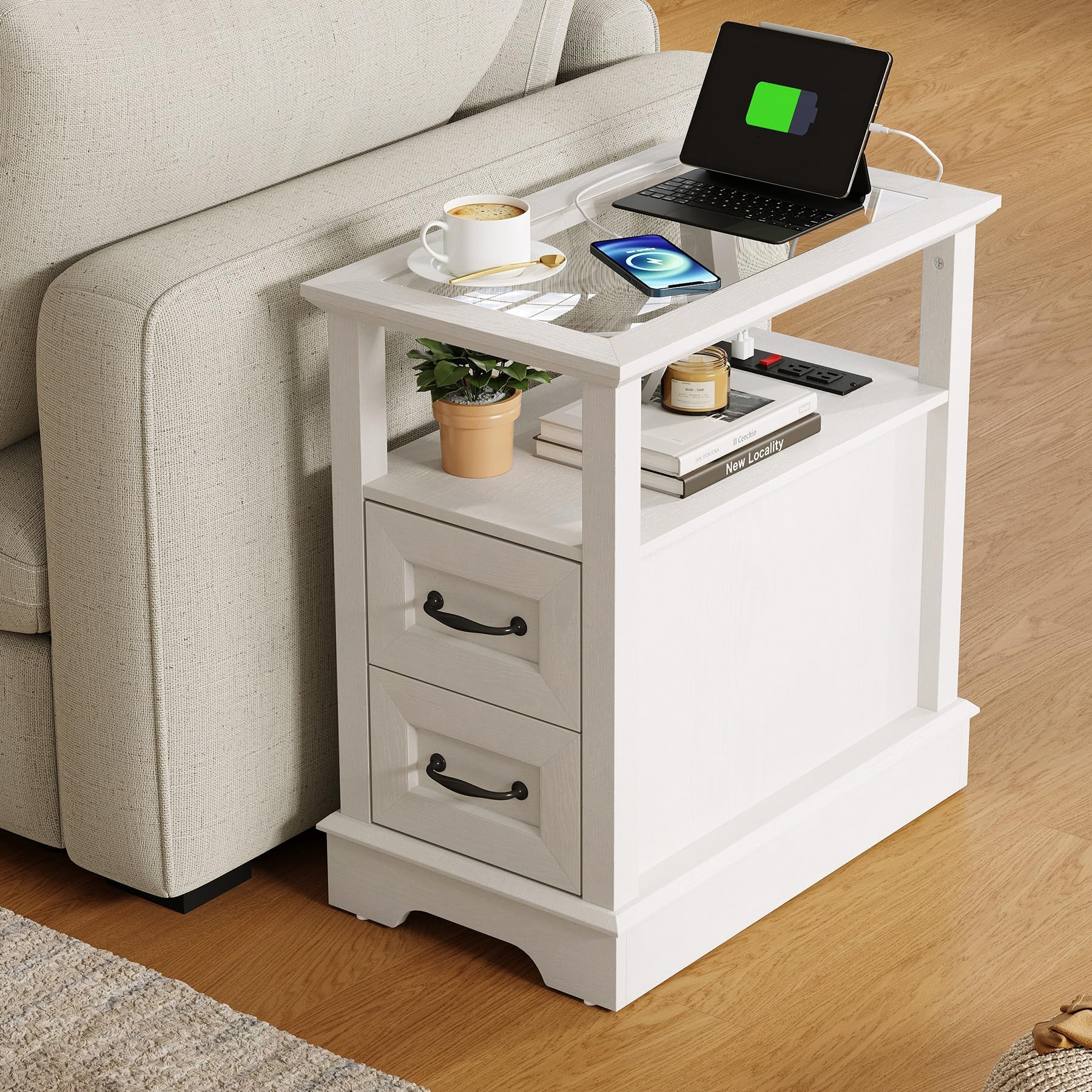 LINSY HOME Narrow End Table with Charging Station, Side Table with Glass Top, Open Shelf, and 2 Drawers, Small Sofa Table with Storage for Living Room, White