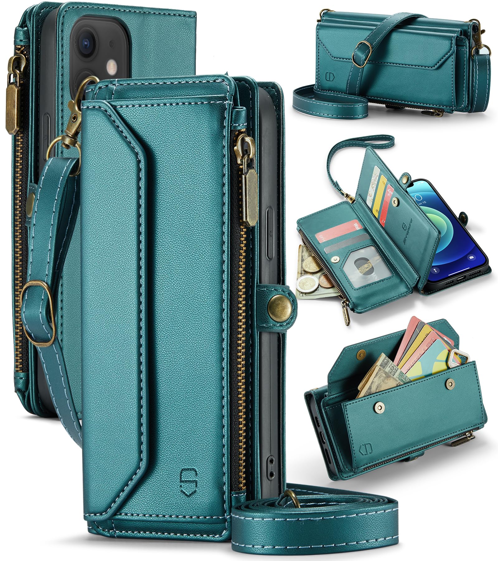 Strapurs Crossbody for iPhone 12/12 Pro Wallet Case?RFID Blocking?with 7-Card Holder Zipper Bills Slot, Soft PU Leather Magnetic Wristlet Shoulder Strap for iPhone 12 Case Wallet for Women, Blue Green