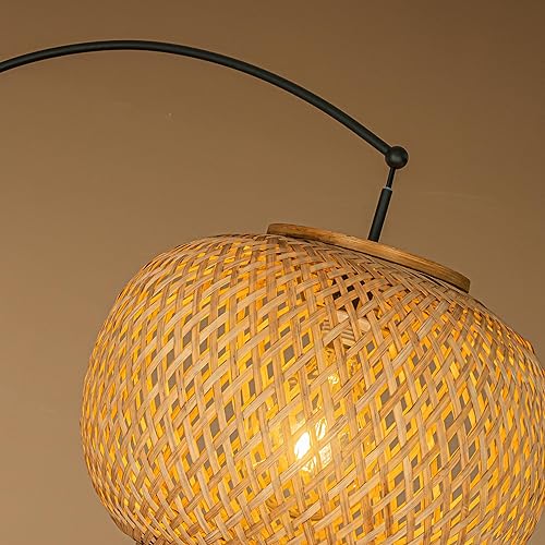 Miniatura 6 de Lámpara de pie de arco negro mate de 75 pulgadas con pantalla de ratán marrón y base de mármol, lámpara de pie de ratán para sala de estar, comedor