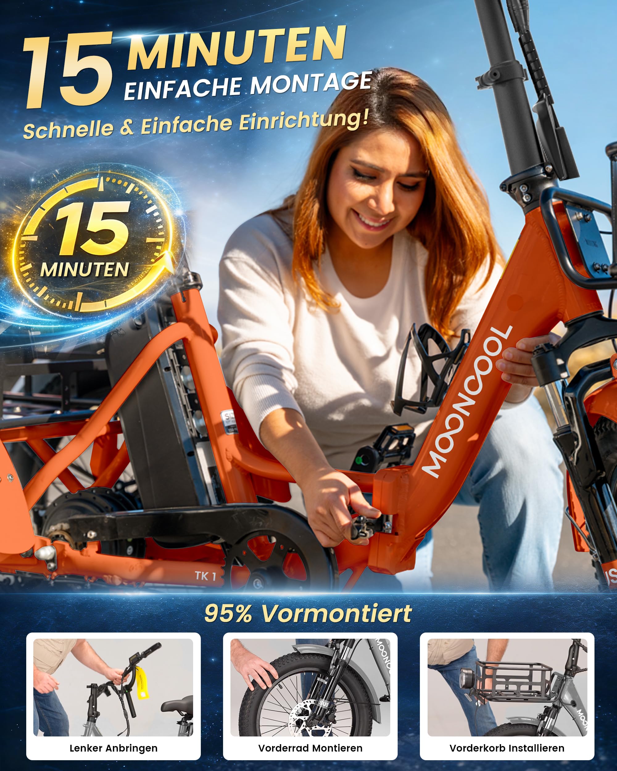 MOONCOOL E Bike Klapprad, 20" Elektrofahrräder für Herren Damen, 36V 20AH Akku, 250W Motor 45 Nm, LCD-Display, IP65 Wasserdicht, 3 Fahrmodi, mit Großen Körben & Fußstützen