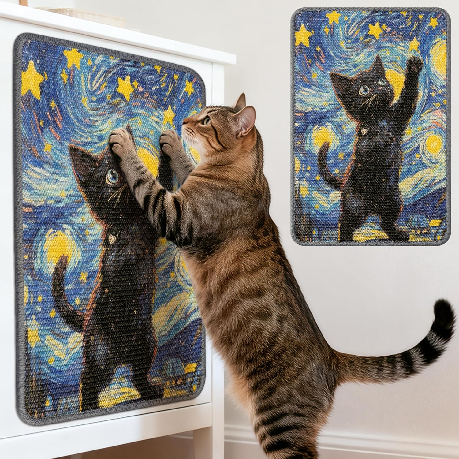Sisal Cat Scratching Pad - Shedding-Resistant Wall Scratcher Mat for Indoor Cat, Kitten Art Starry Night Scratching Mats for Carpet Couch Furniture with Adhesive Hook Loop Tape(24 * 16in)
