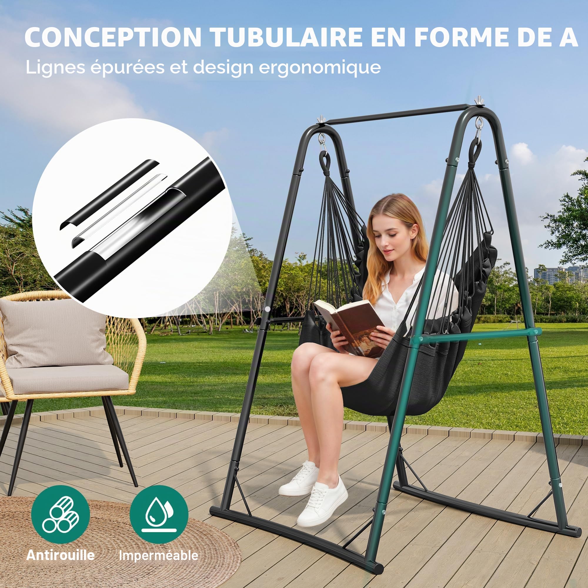 YITAHOME Fauteuil Suspendu avec Armature 105 x 93 x 160 cm, Structure en Acier Stable, Support de hamac avec balançoire Suspendue, Charge maximale 150 kg, Chaise à Bascule avec 2 Crochets et 2
