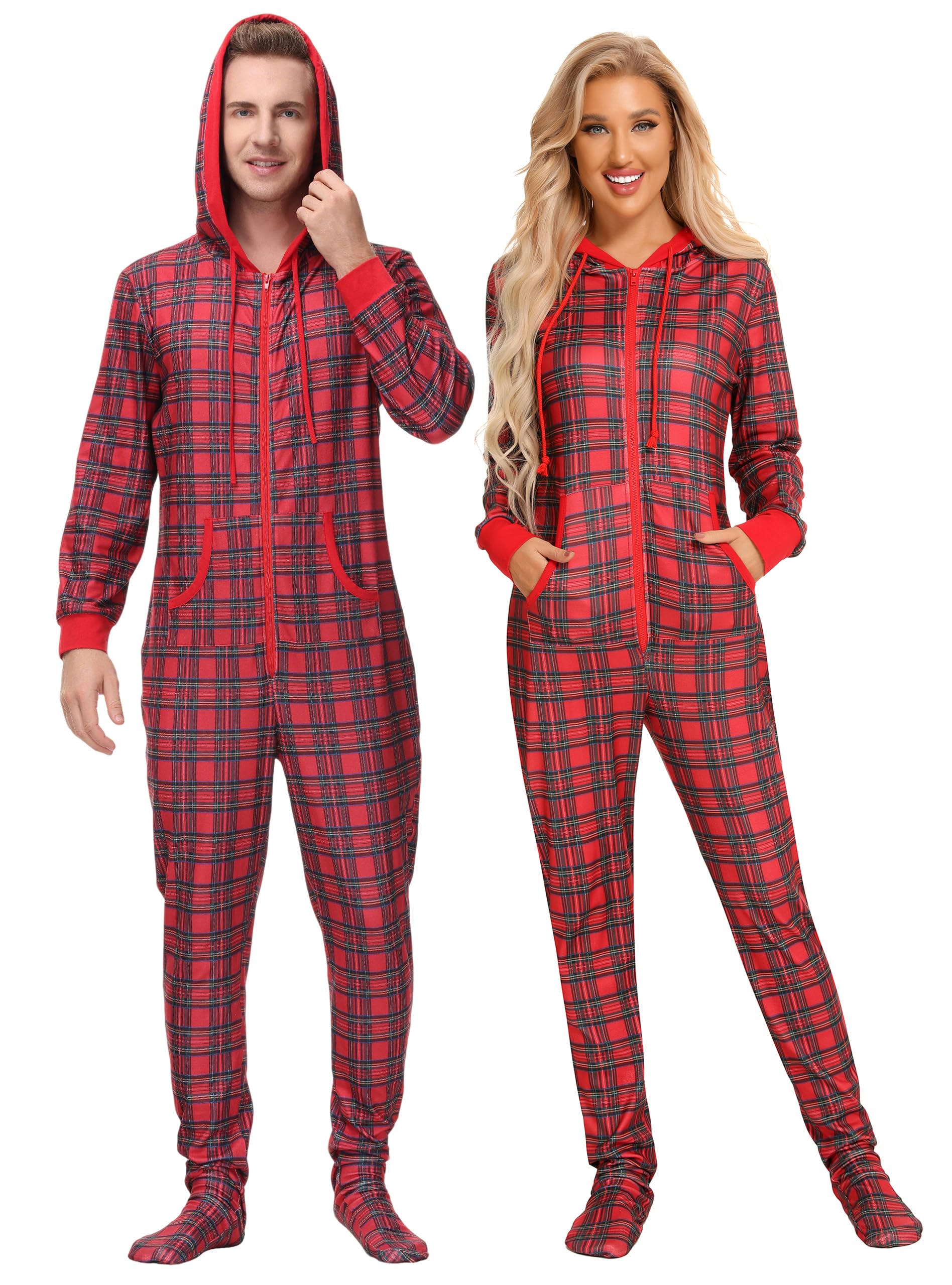 Veseacky Family Christmas Pajamas Matching Sets Adult Onesie Zipper Hooded Footed One-Piece Pjs Jumpsuits