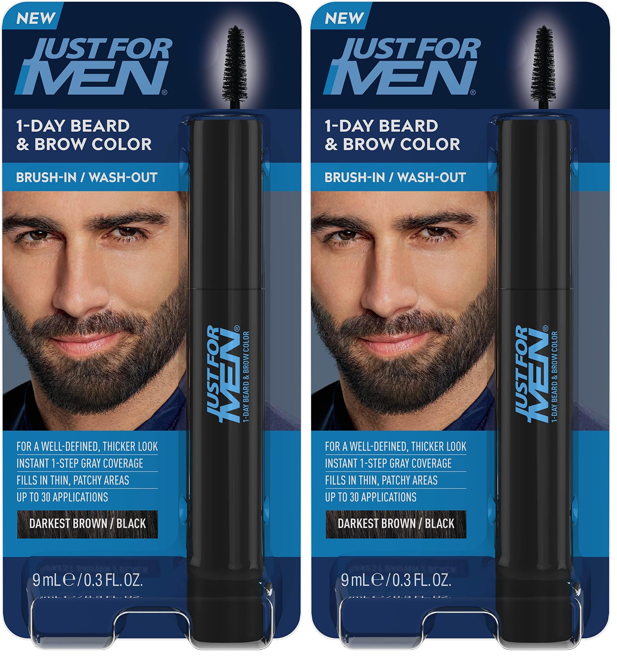 Just for Men 1-Day Beard & Brow Color, Temporary Color for Beard and Eyebrows, For a Fuller, Well-Defined Look, Up to 30 Applications, Darkest Brown/Black (Pack of 2)