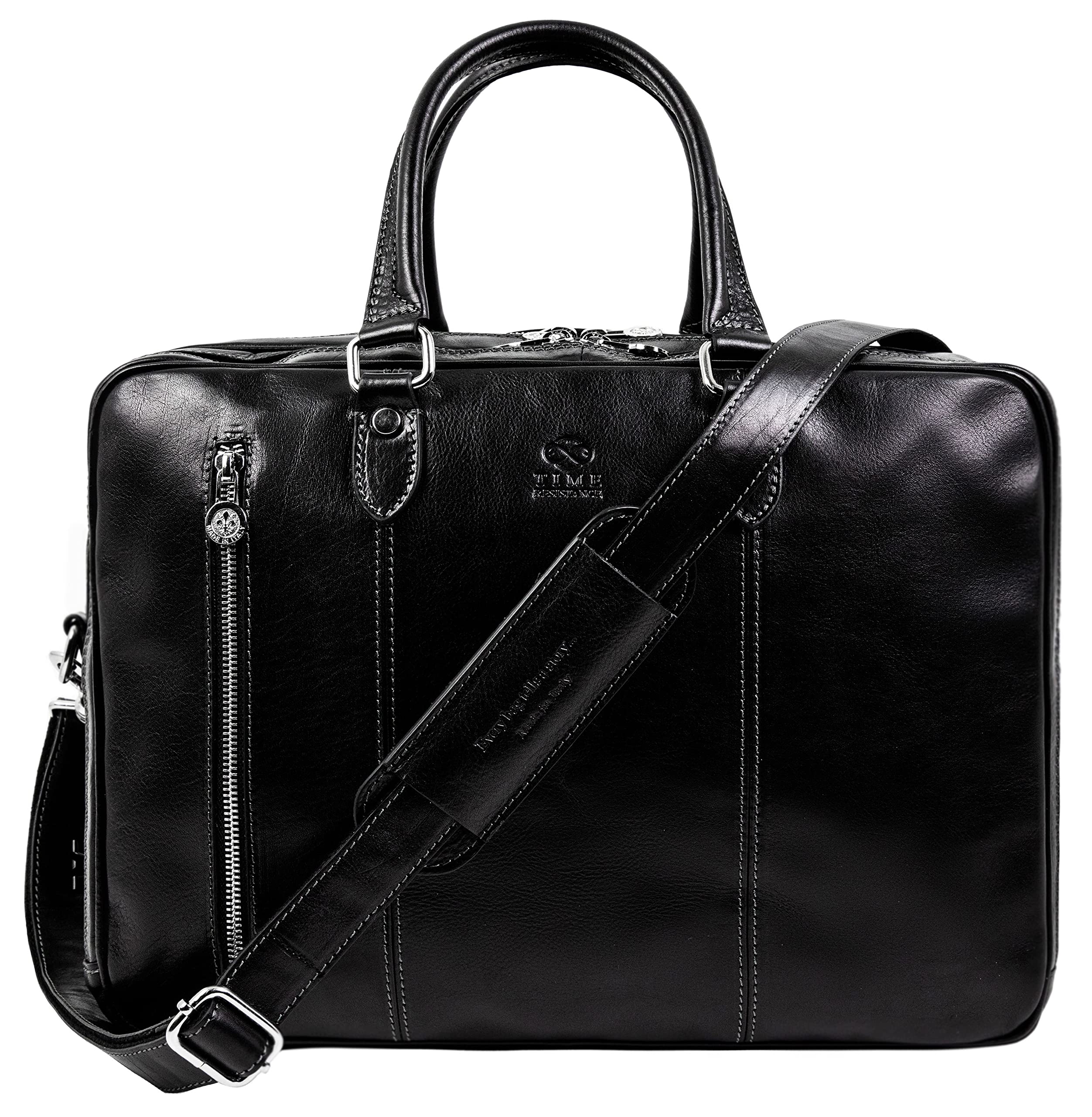 Time Resistance Leather Laptop Briefcase - Full Grain Leather Computer Bag for Men and Women (Black)