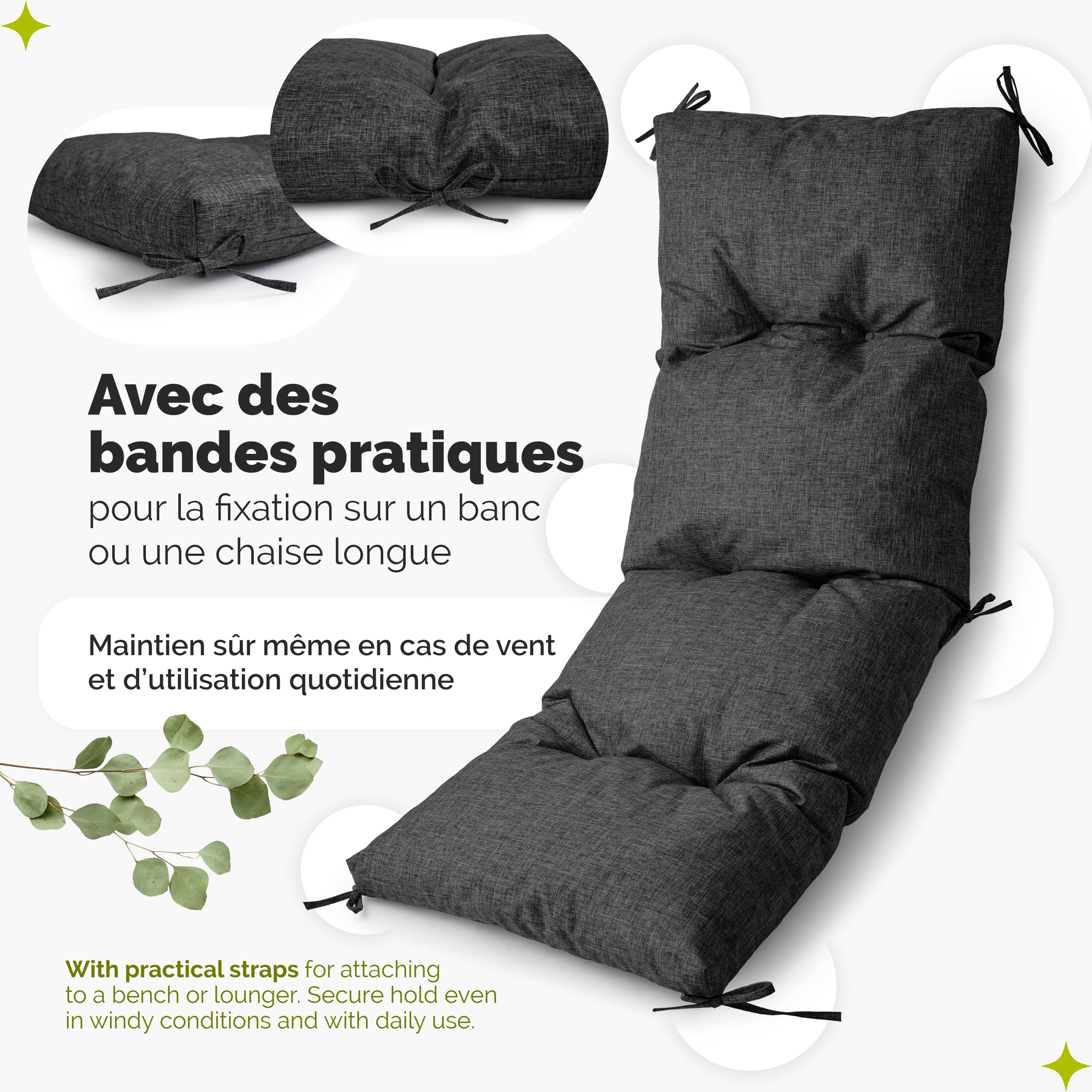 Garronda Coussin Exterieur Impermeable 140x50 cm pour Banc de Jardin Canapé Extérieur et Balancelle Coussins d'Assise Résistant UV pour Terrasse Balcon et Intérieur avec Cordons GD-0219 Anthracite