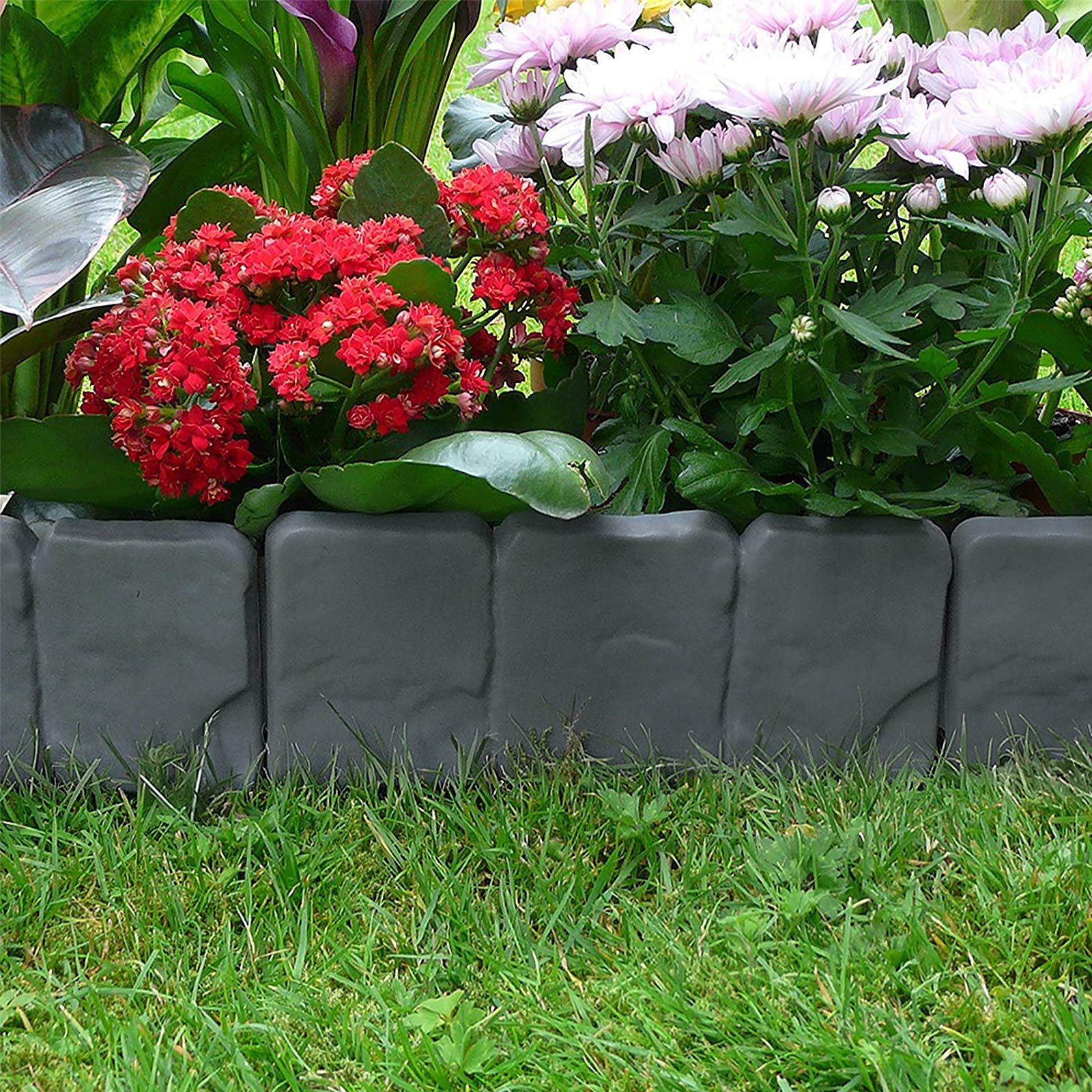 Aufun Bordo Prato Effetto Pietra 10 m bordura da giardino in polipropilene, Bordo Prato Palizzata per aiuola palizzata decorativa da giardino, 1 elemento 25x23x1 cm(40 Pezzi, antracite)