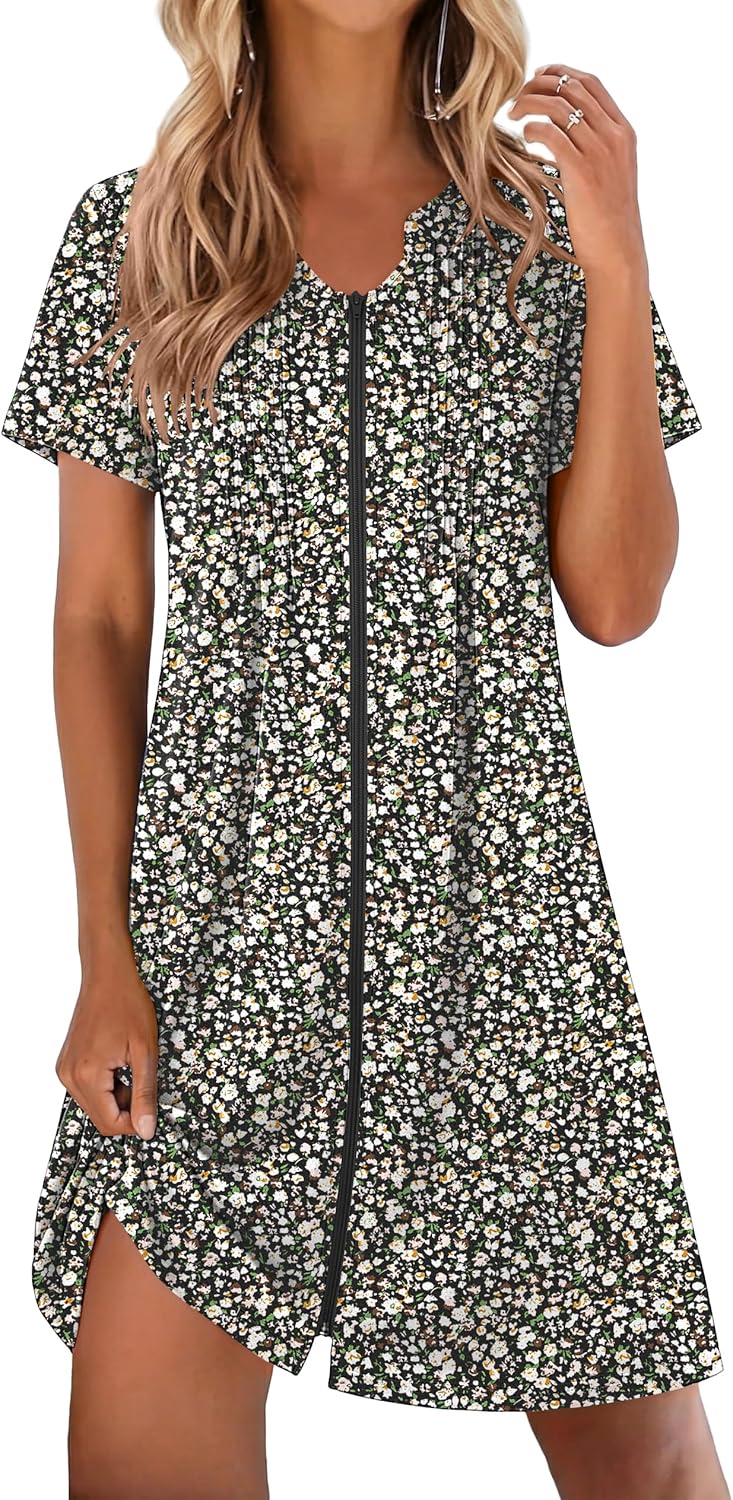 EKOUAER Women Zipper Robes Short Bathrobe Lightweight Mumu Duster House Coat with Pockets Soft Moo Moo Nightgown