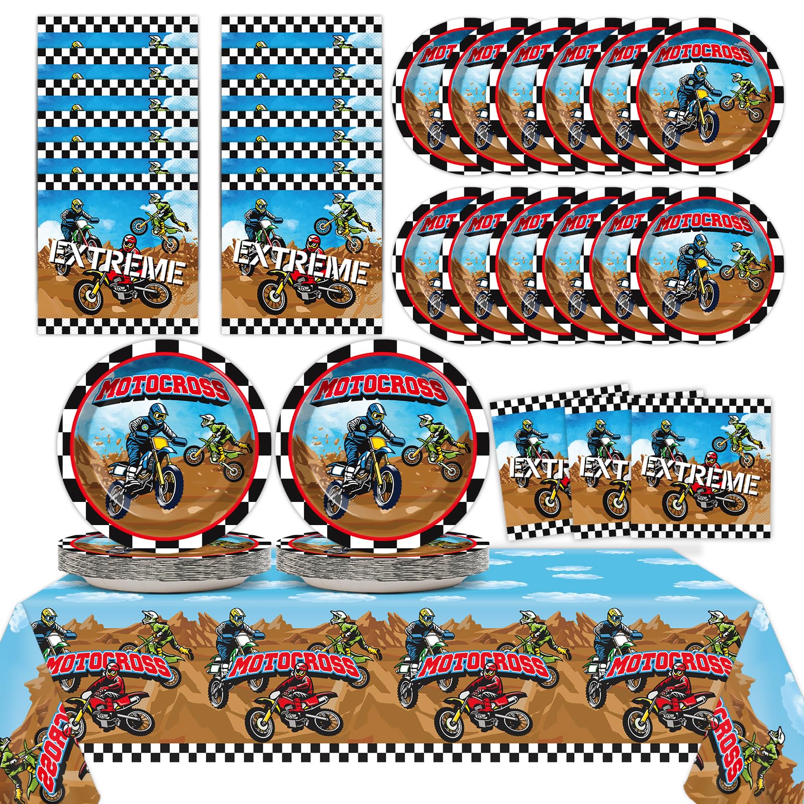 Dirt Bike Birthday Party Supplies Serves 24 Motorcycle Party Paper Plates Napkins Set Motocross Dirt Bike Tablecloth Tableware Kit for Baby Shower Decorations Kids Boys Girls