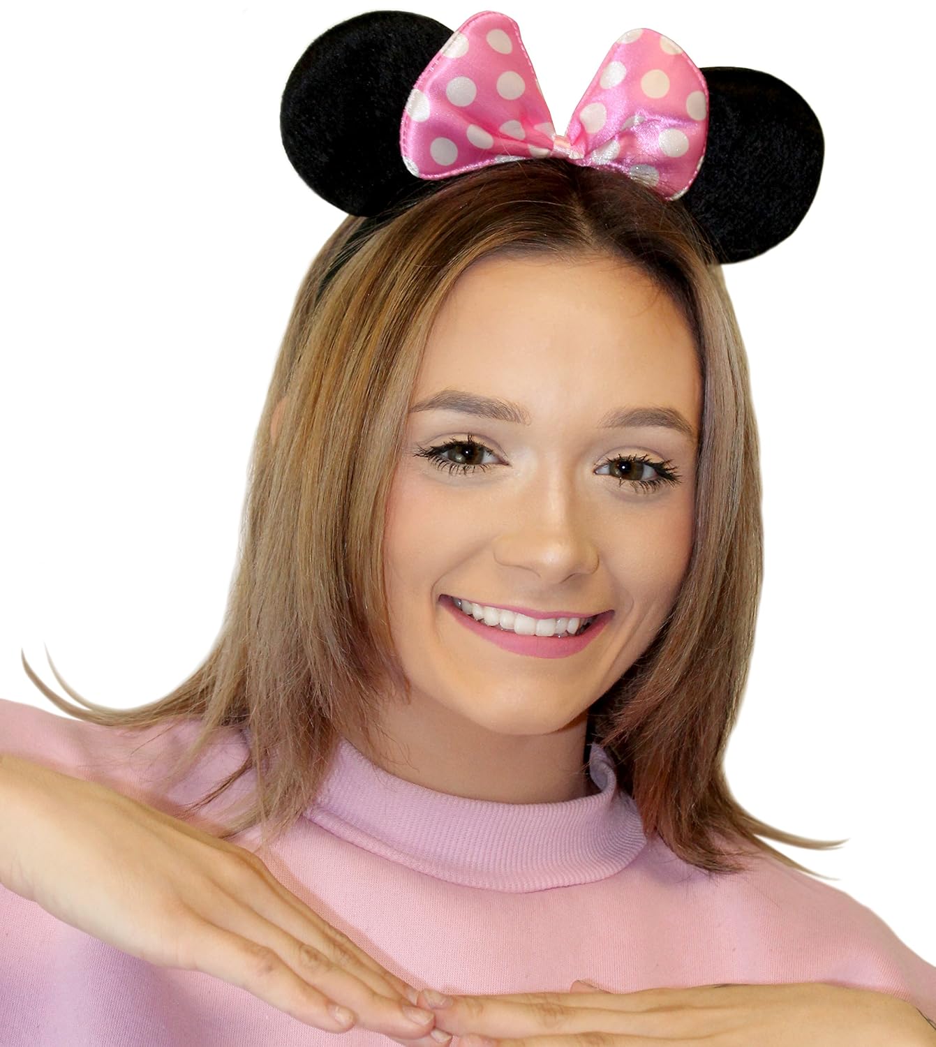 Cornucopia Brands Black Mouse Ear Headbands w/Pink Bows (12-Pack); Polka Dot Minnie Style Party Favors