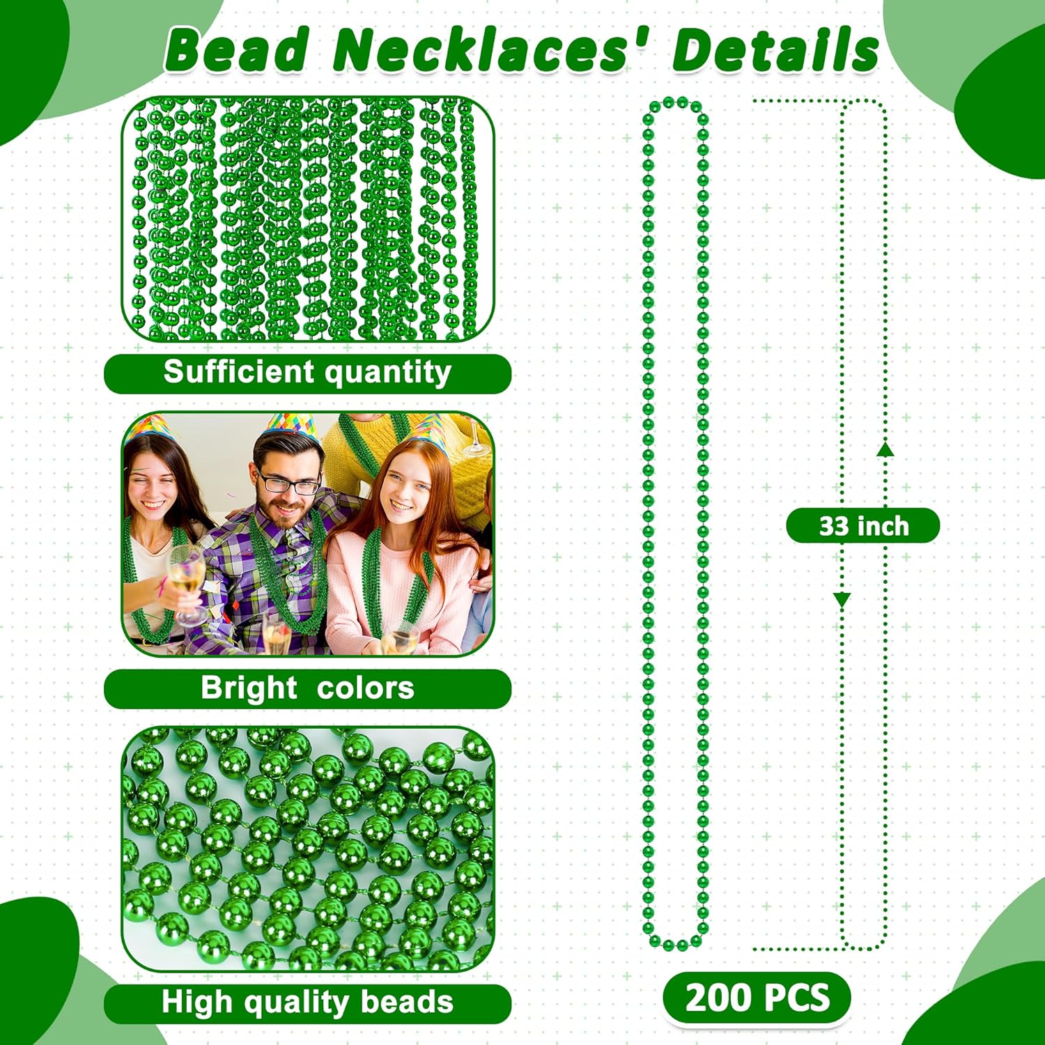 200 PCS Beaded Necklaces, 33" Mardi Gras Beads, St Patricks Day Bead Necklace, Green Accessories Parade Throws Bulk for Baby Shower Wedding Birthday Pirate Party Favors Supplies - Image 2