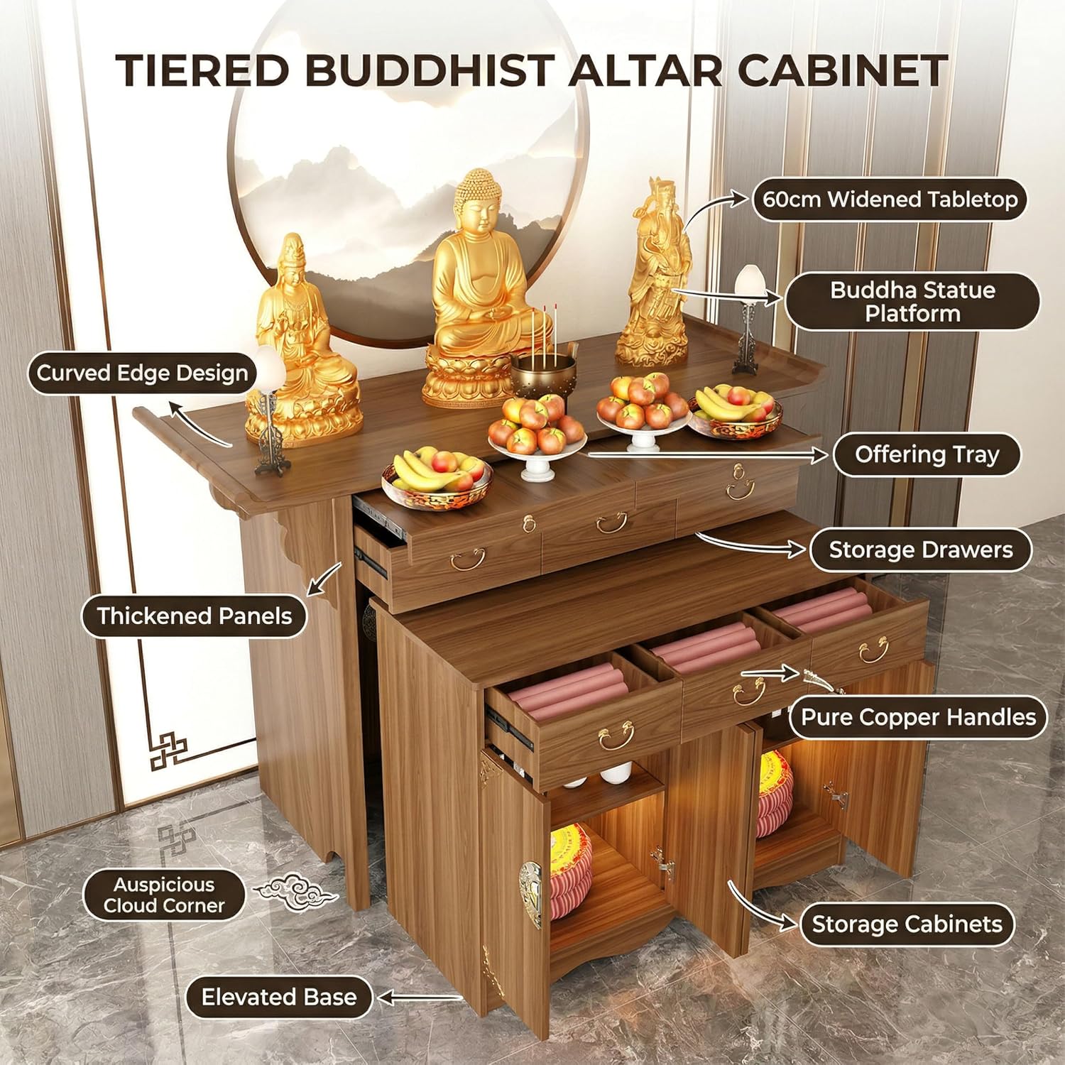 Altar Table Wooden with Storage, Large Pooja Tables with Doors & Pull-Out Worship Shelf, Buddhist Shrine Altar Table, Multi-Tier Design & Detachable Cabinet (Single Layer, 77" Lx27 W)