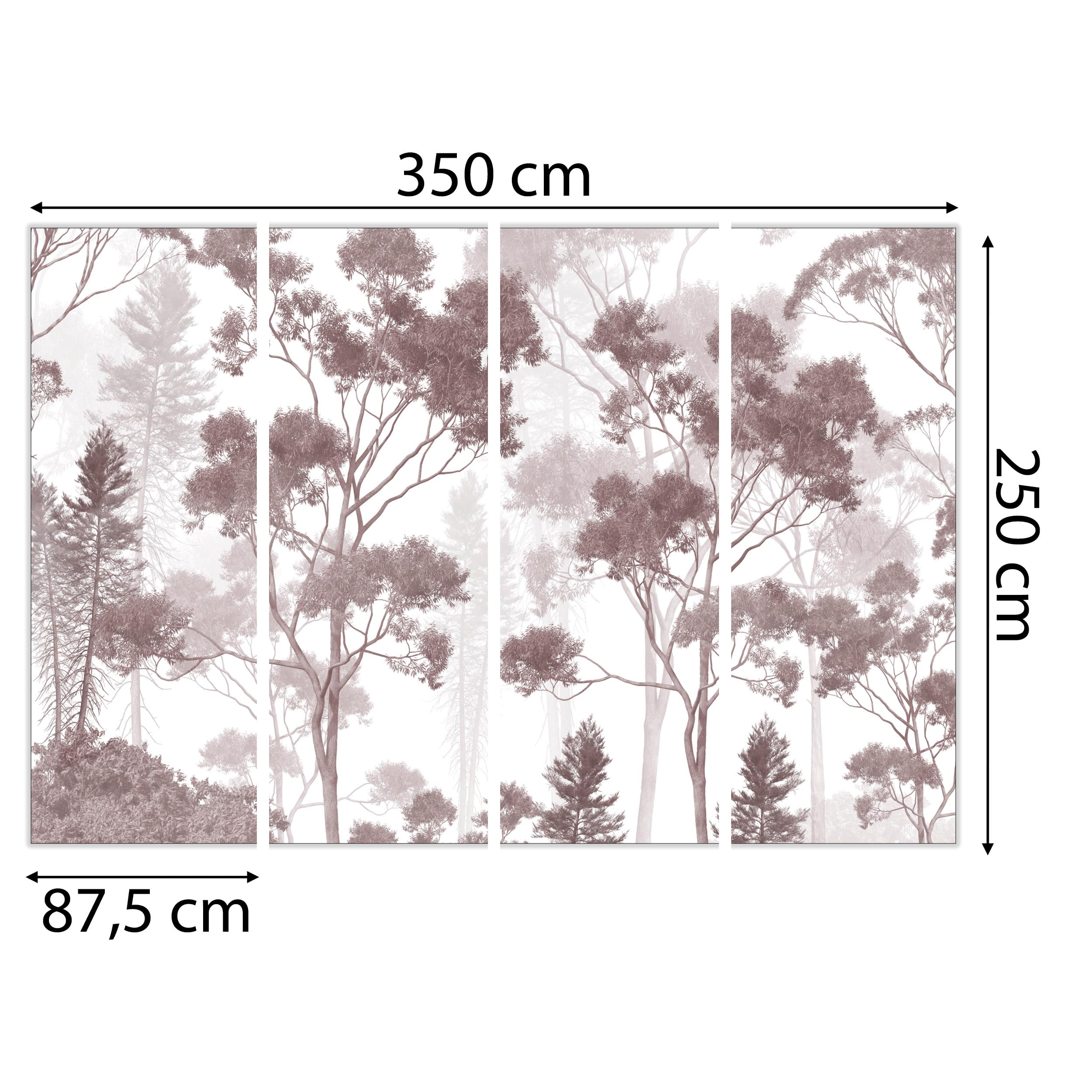 Fototapeta samoprzylepna z lasem mgiełkowym drzewami nowoczesny róż | Folia samoprzylepna Japandi krajobraz skandynawski elegancki naturalny fototapeta do salonu sypialni biura 350x250 cm