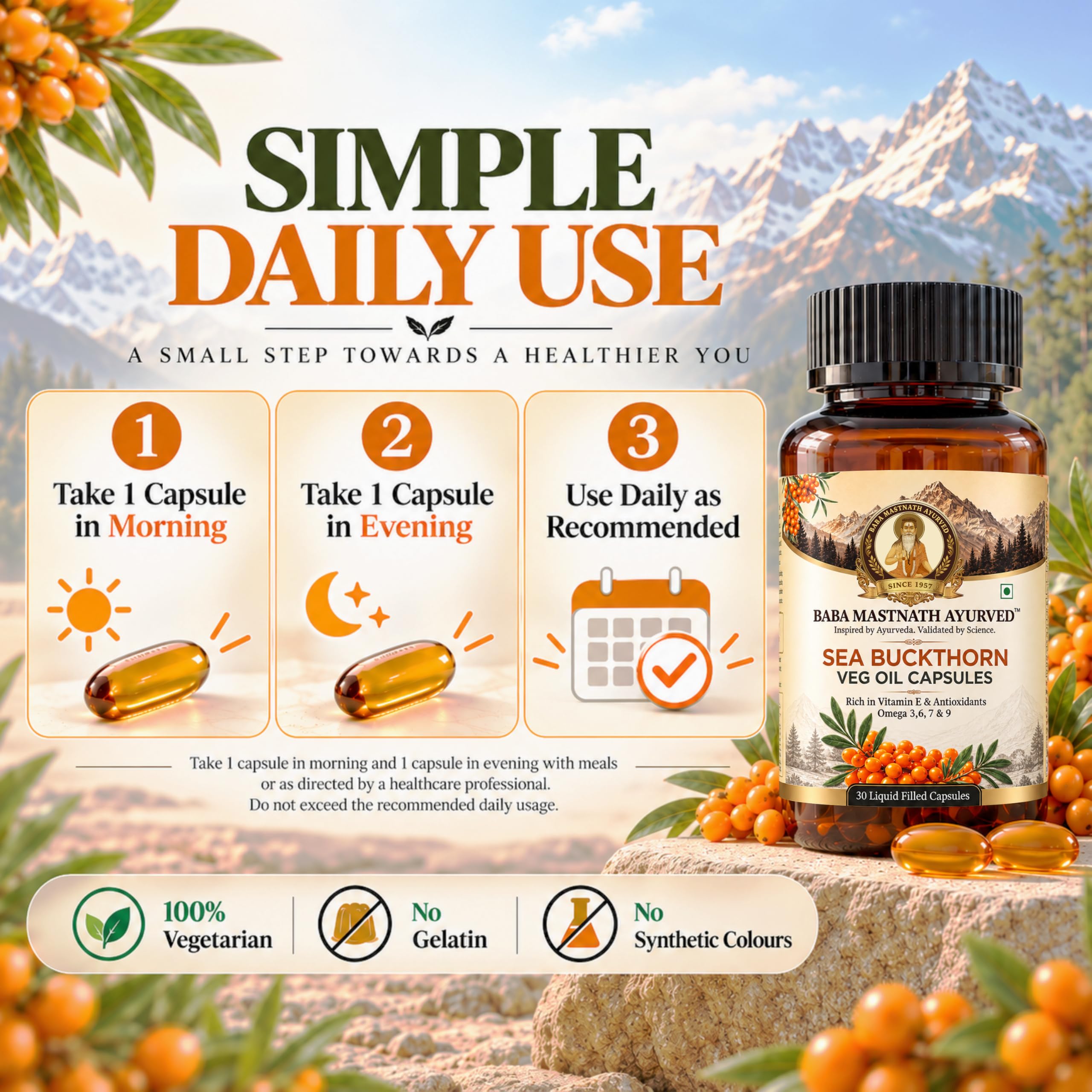Baba Mastnath Ayurved Sea Buckthorn Berry Oil Veg Capsules 560 mg | Omega 7 | Omega 3 | Omega 6 & 9 | For Skin, Heart & Everyday Wellness | 30 Capsules — Amazon image 6