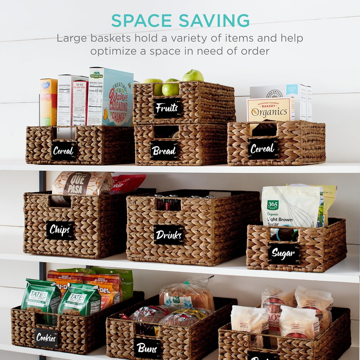 Best Choice Products Set of 4 9x12in Water Hyacinth Pantry Baskets, Woven Organizers w/Chalkboard Label, Chalk Marker - Chestnut