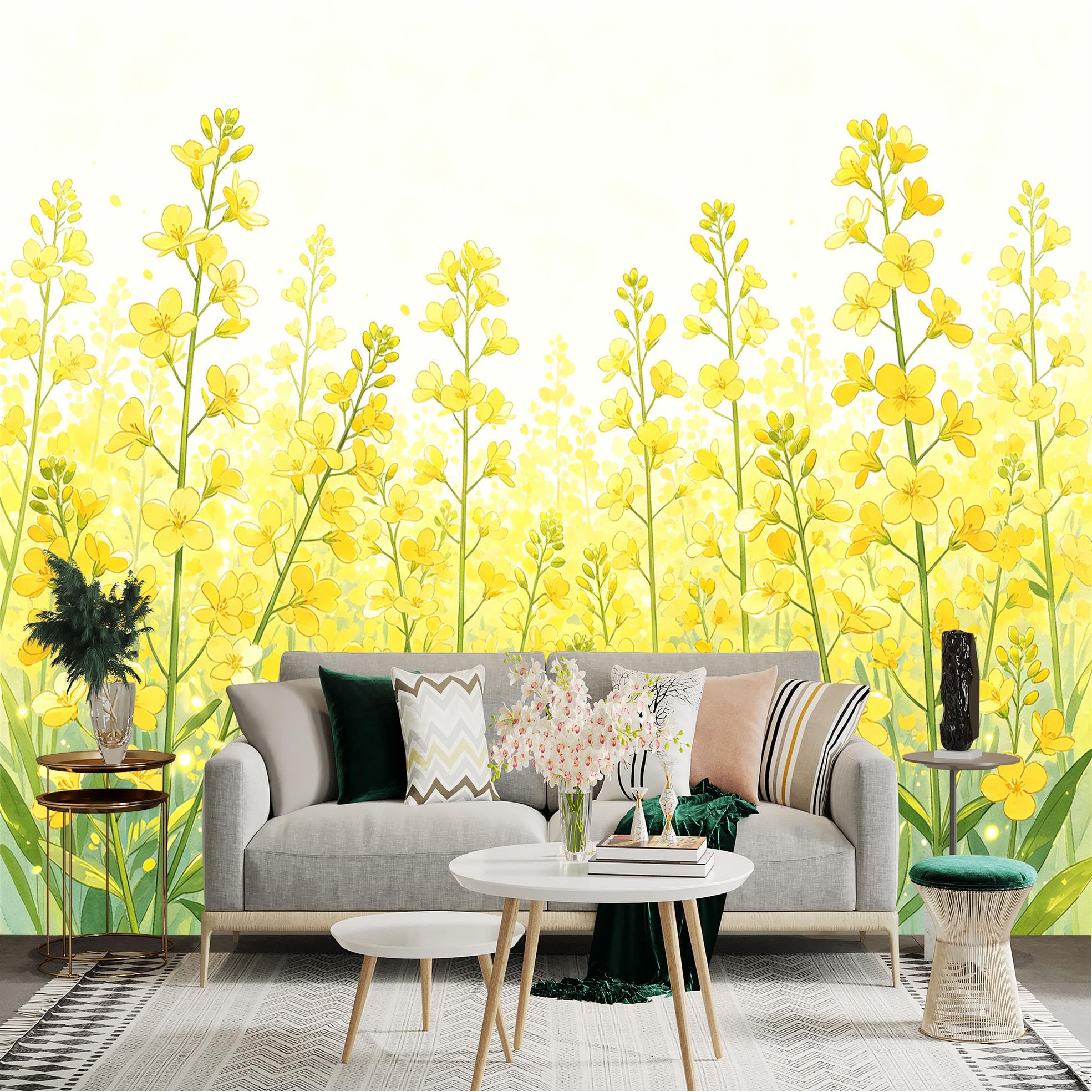 Lnzczhyre Dbh260521025 Custom Size Wall Sticker Mural， Vibrant Yellow Rapeseed Flowers， Springtime Floral Meadow， Bright Botanical Blossom， For Wall Decoration， Peelandstick Wall Decals.