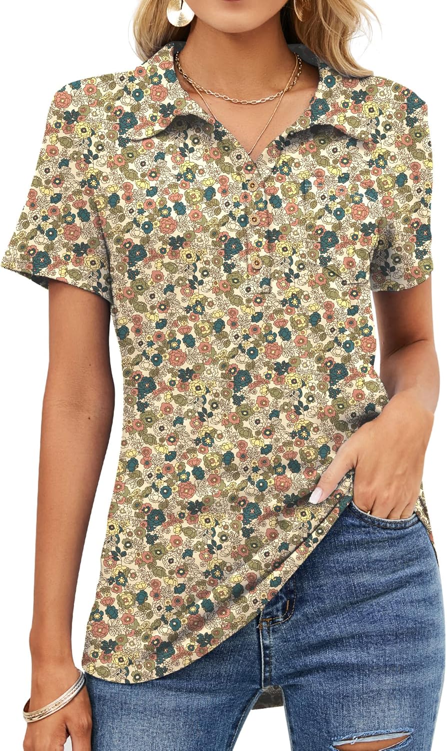 TFSDOD Womens Short Sleeve Polo T Shirts V Neck Business Casual Collared Button Down Tunics Office Work Tops with Pocket