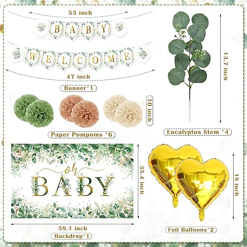 Miniatura 2 de Decoración de baby shower verde salvia para niñas y niños, 99 piezas, suministros de fiesta neutros con mantel de telón de fondo Oh Baby, kit de