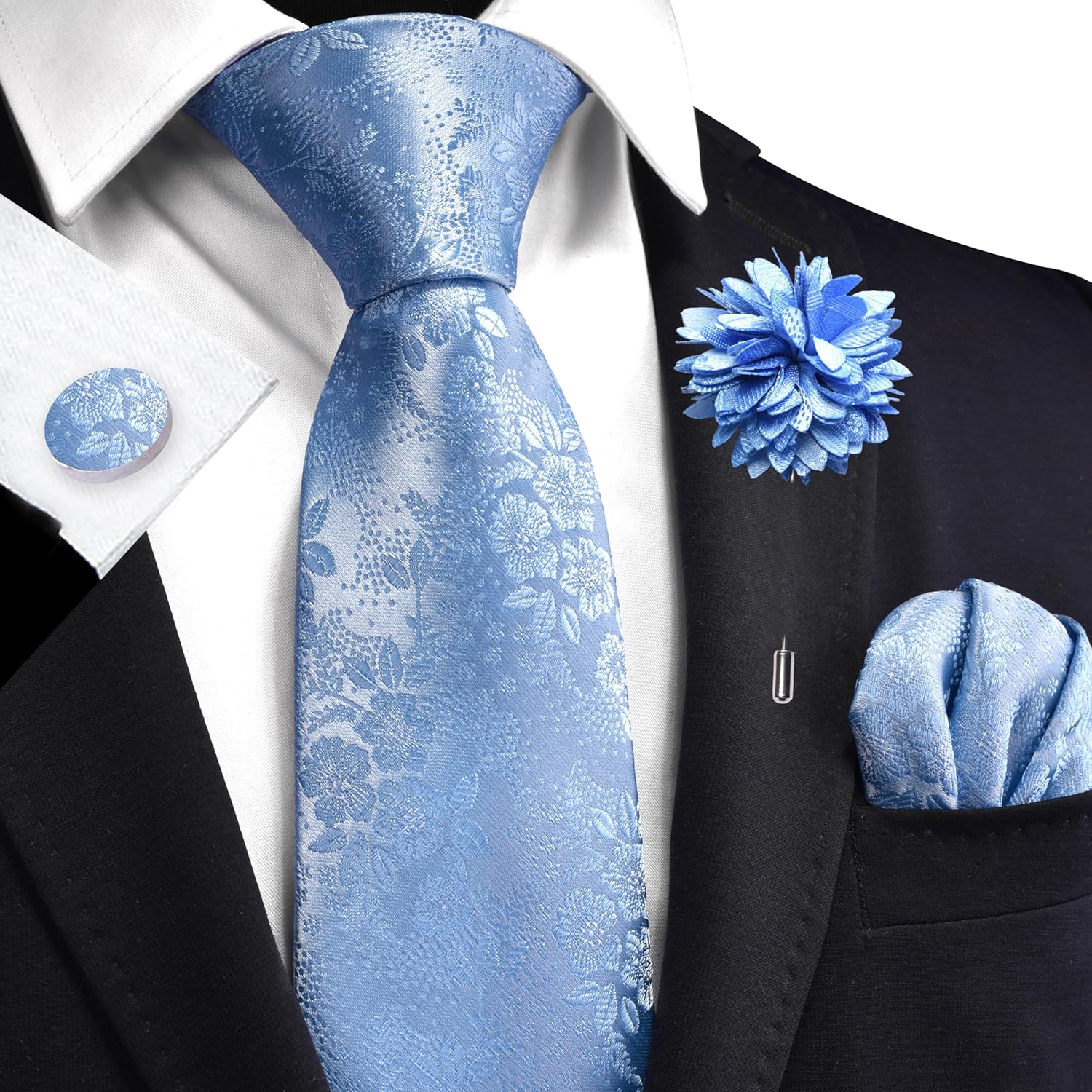 GUSLESON 3.15"(8cm) Mens Floral Tie and Lapel Pin Necktie Hankerchief Cufflinks Set for Men - Image 2