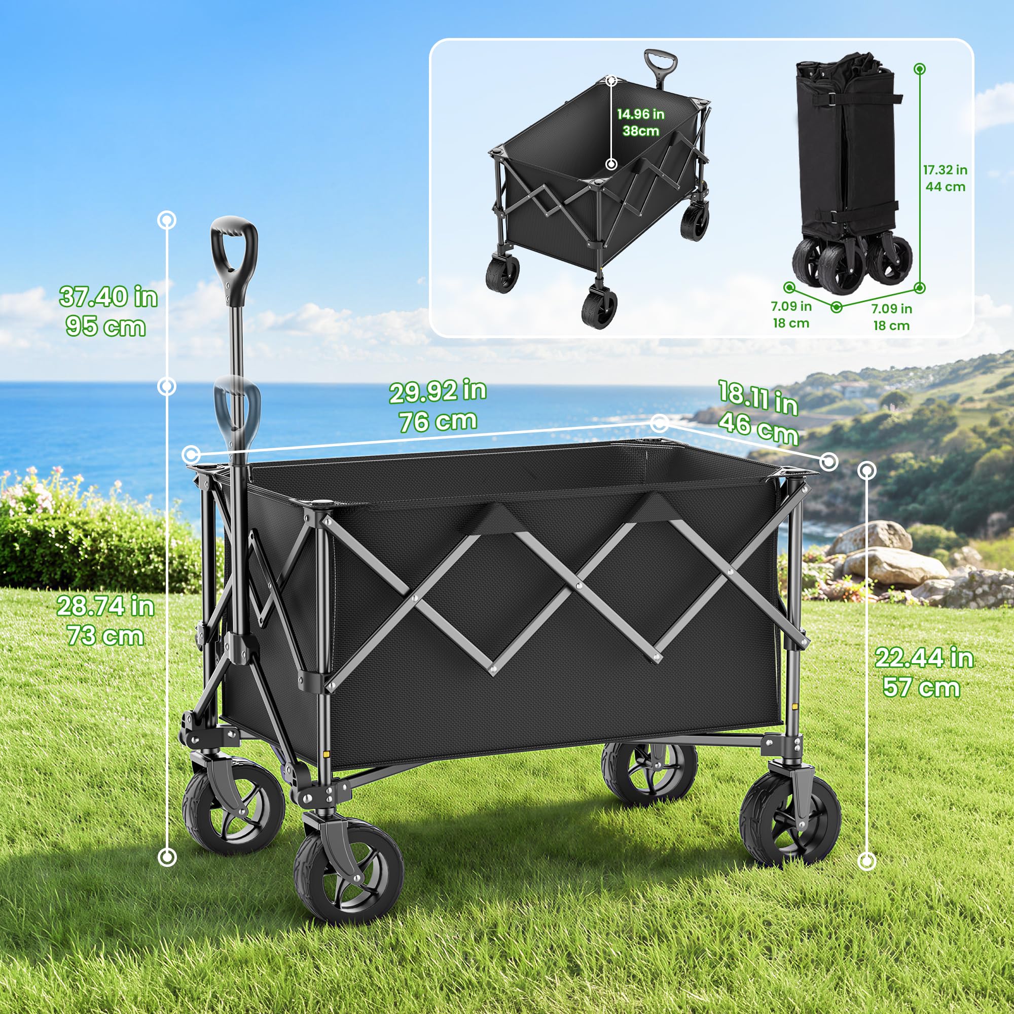 Carrello da Campeggio Pieghevole 135 L, Capacità di Carico 150 kg, Carrello Fuoristrada con Ruote Girevoli 360° e Maniglia Telescopica, per Giardino, Spesa, Outdoor