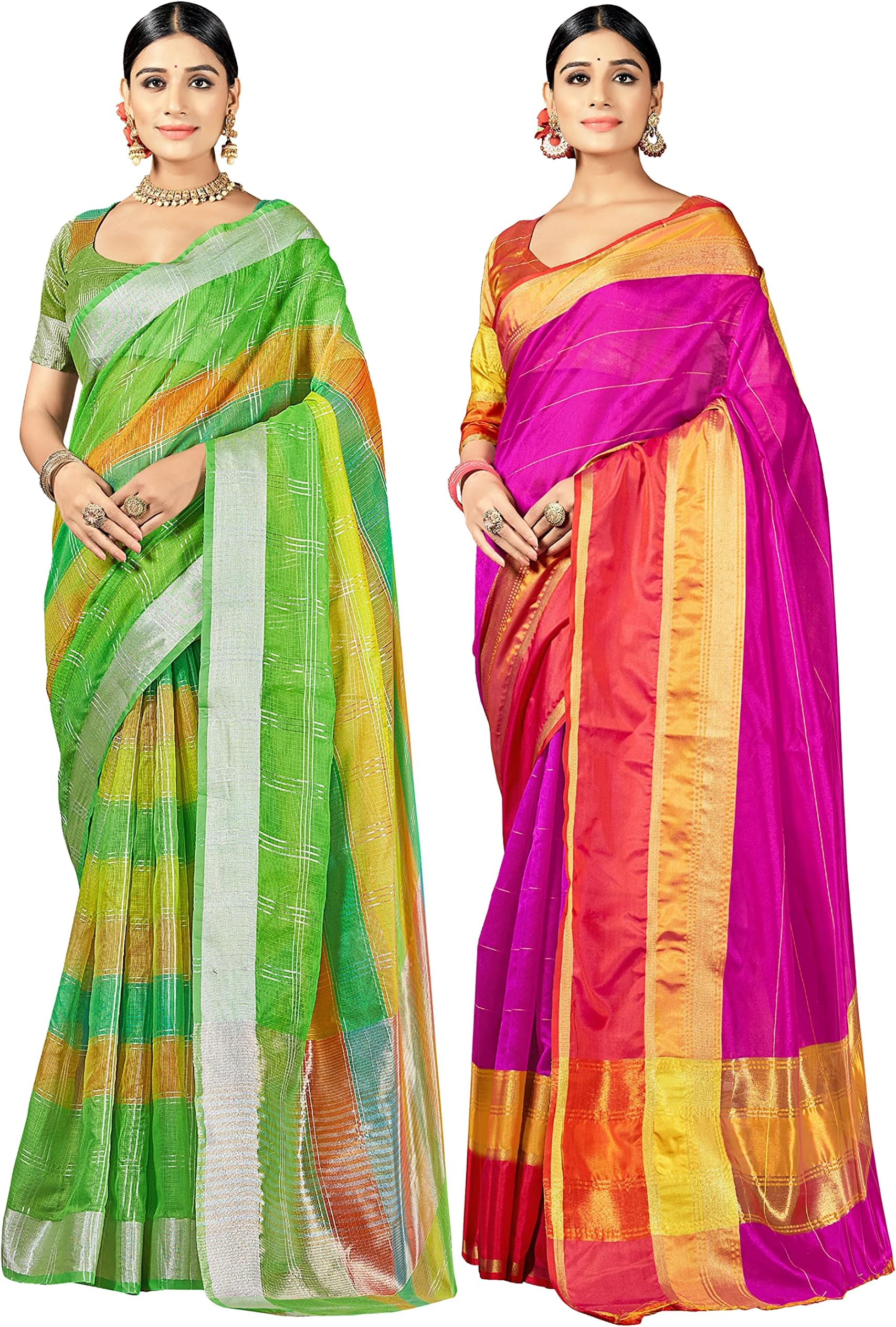 Elina fashionPack of Two Saree for Women Cotton Silk Indian Wedding Woven Sarees | Ethnic Diwali Gift Sari Combo, Combo 3, Saree & Non Stitched Blouse Piece