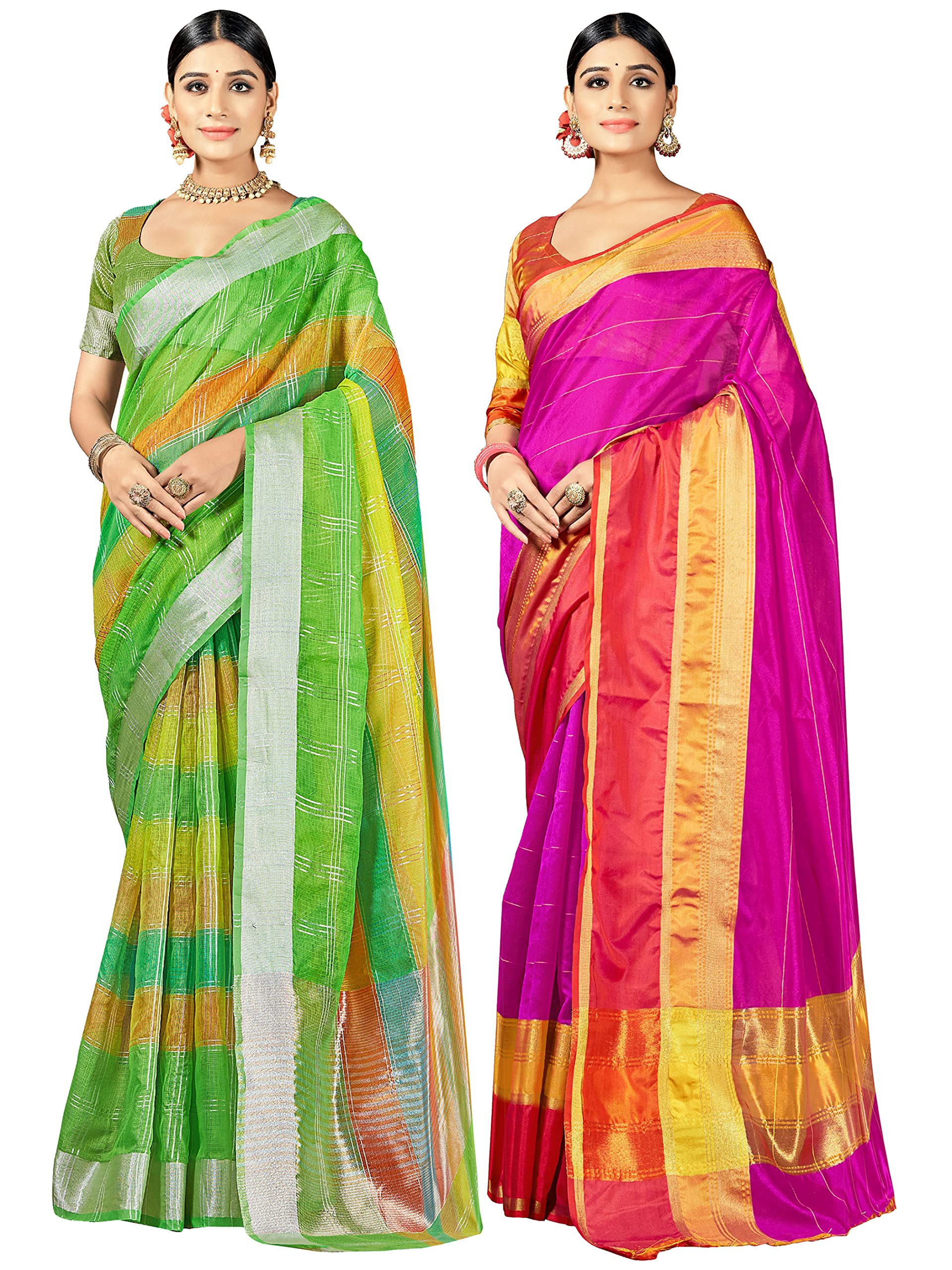 Elina fashionPack of Two Saree for Women Cotton Silk Indian Wedding Woven Sarees | Ethnic Diwali Gift Sari Combo, Combo 3, Saree & Non Stitched Blouse Piece