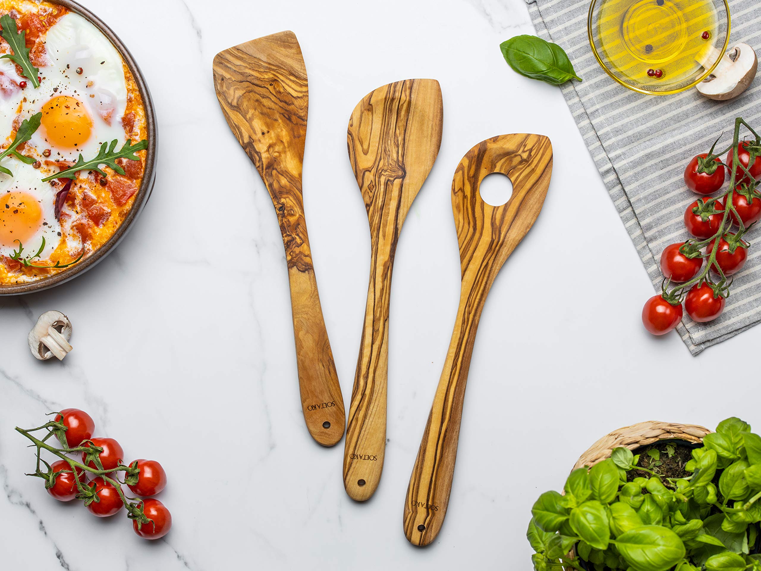 SOLTAKO Ustensiles de Cuisine - Cuillères, Spatules et Palettes - Cuillères de Cuisine en Bois d’Olivier Brut - Spatules, Couvert à Salade, Fourchette, Cuillère à Riz 30cm
