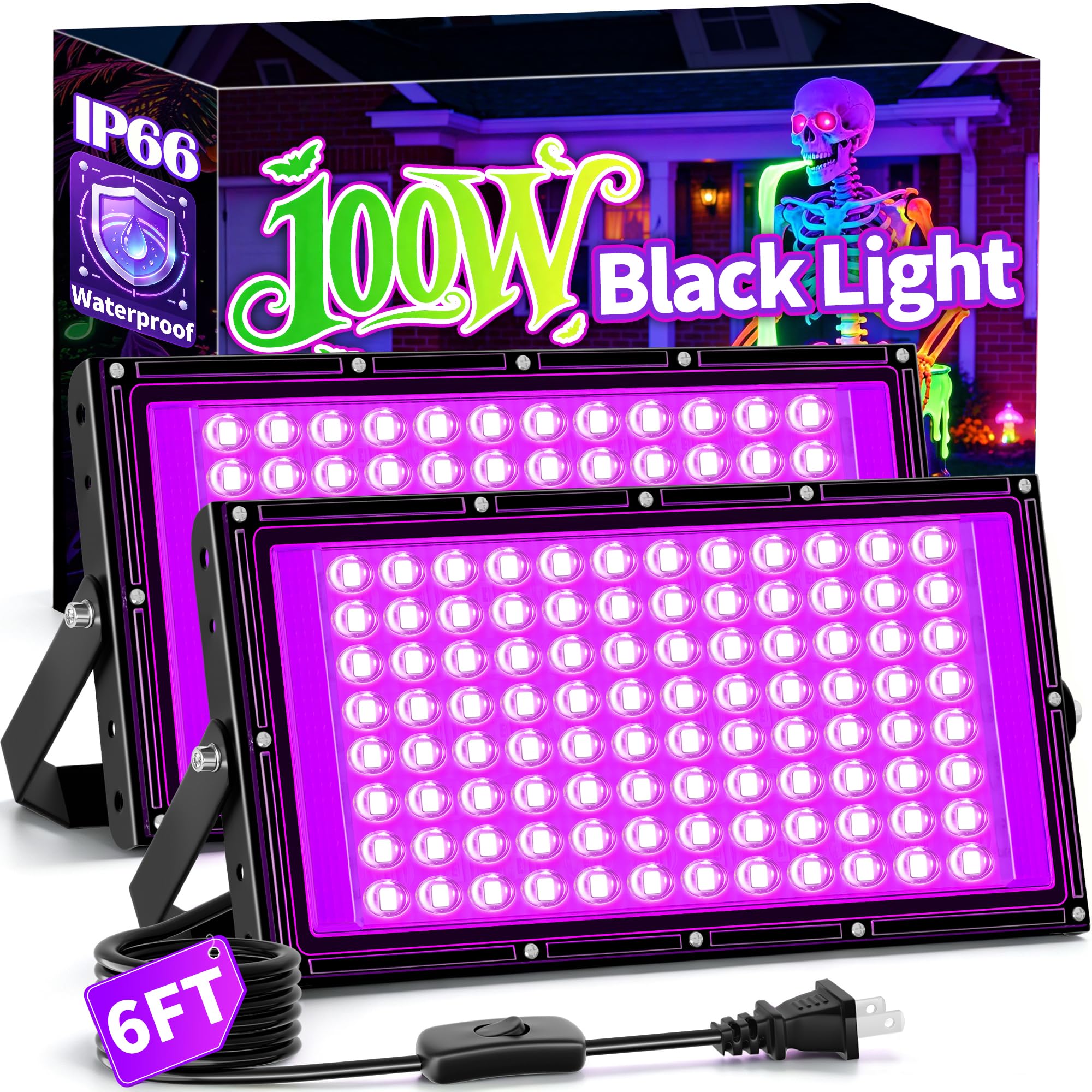 100W LED Black Light, IP66 Waterproof Halloween Lights for Glow Party 2Pack