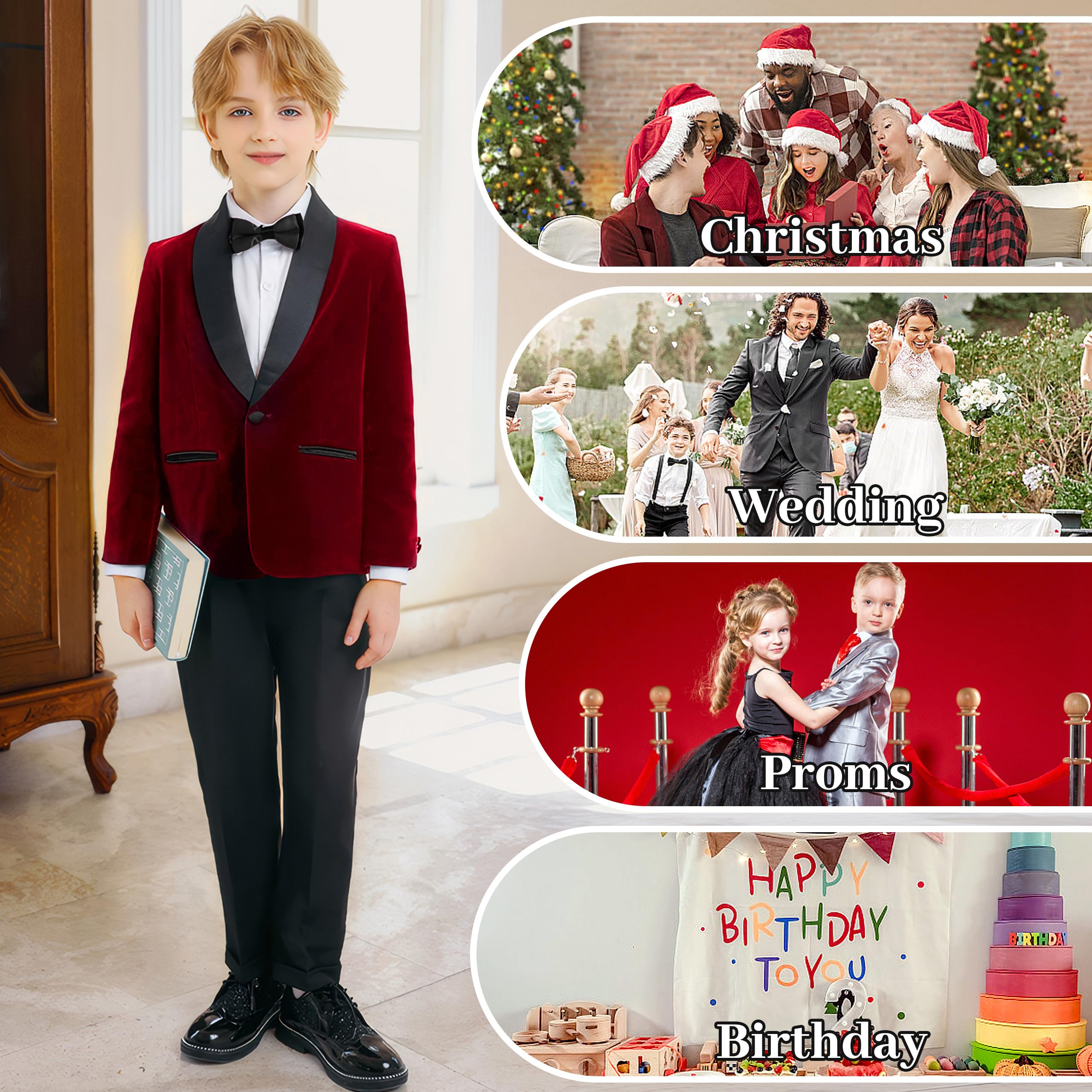 LOLANTA Smoking Velours pour Enfants, Ensemble 4 Pièces Garçon Tenues de Mariage pour Garçons Blazer Pantalon Chemise Nœud Papillon, Tenue de Bal