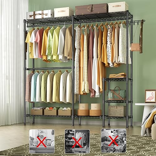 Miniatura 5 de Perchero resistente para colgar ropa, perchero de metal grande con estantes de alambre ajustables de 4 niveles, 3 barras de suspensión y 2 ganchos,