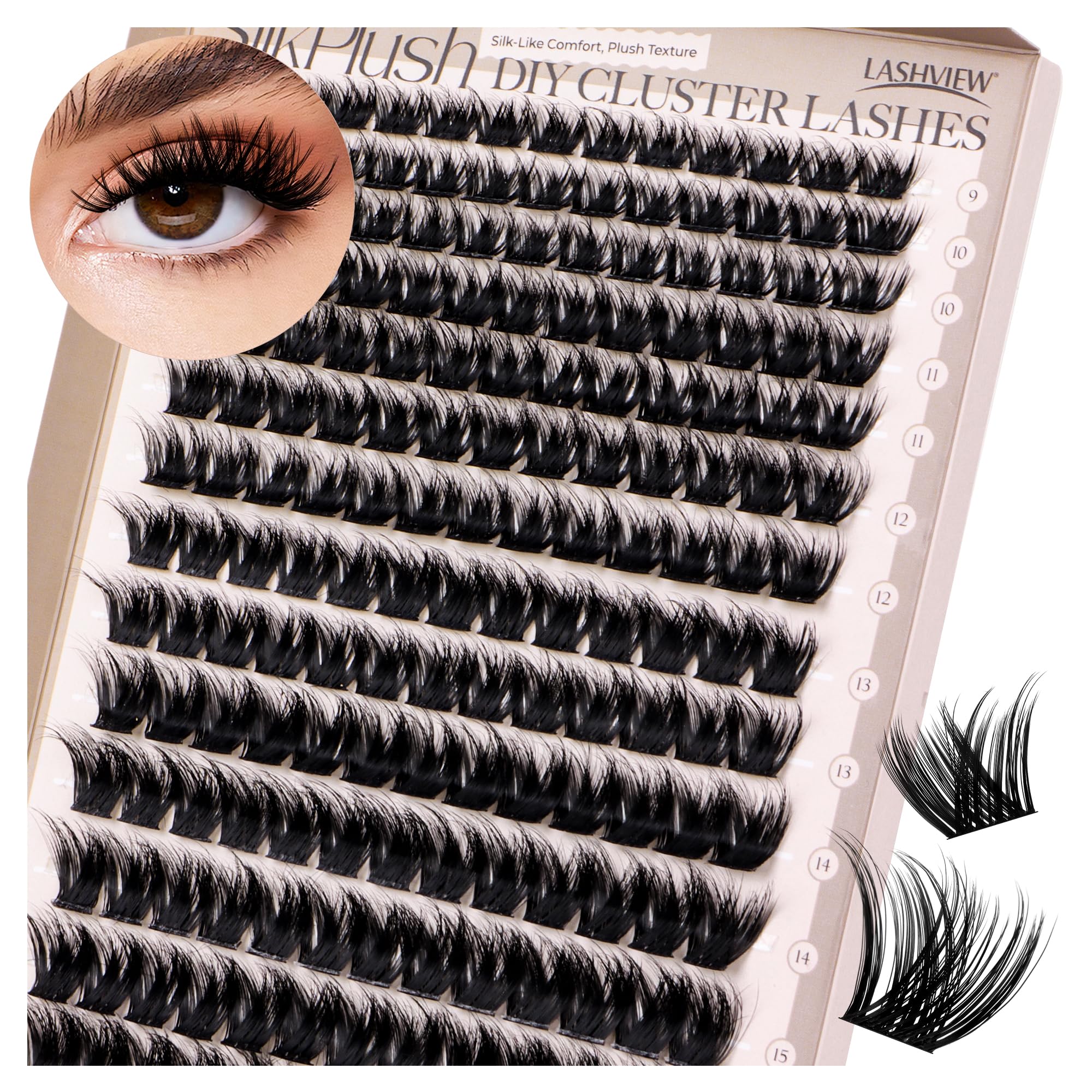 LASHVIEW Cluster Lashes D Curl Volume Eyelash Clusters 9-16mm Mix SilkPlush Soft Fluffy DIY Cluster Eyelash at Home-Style W163