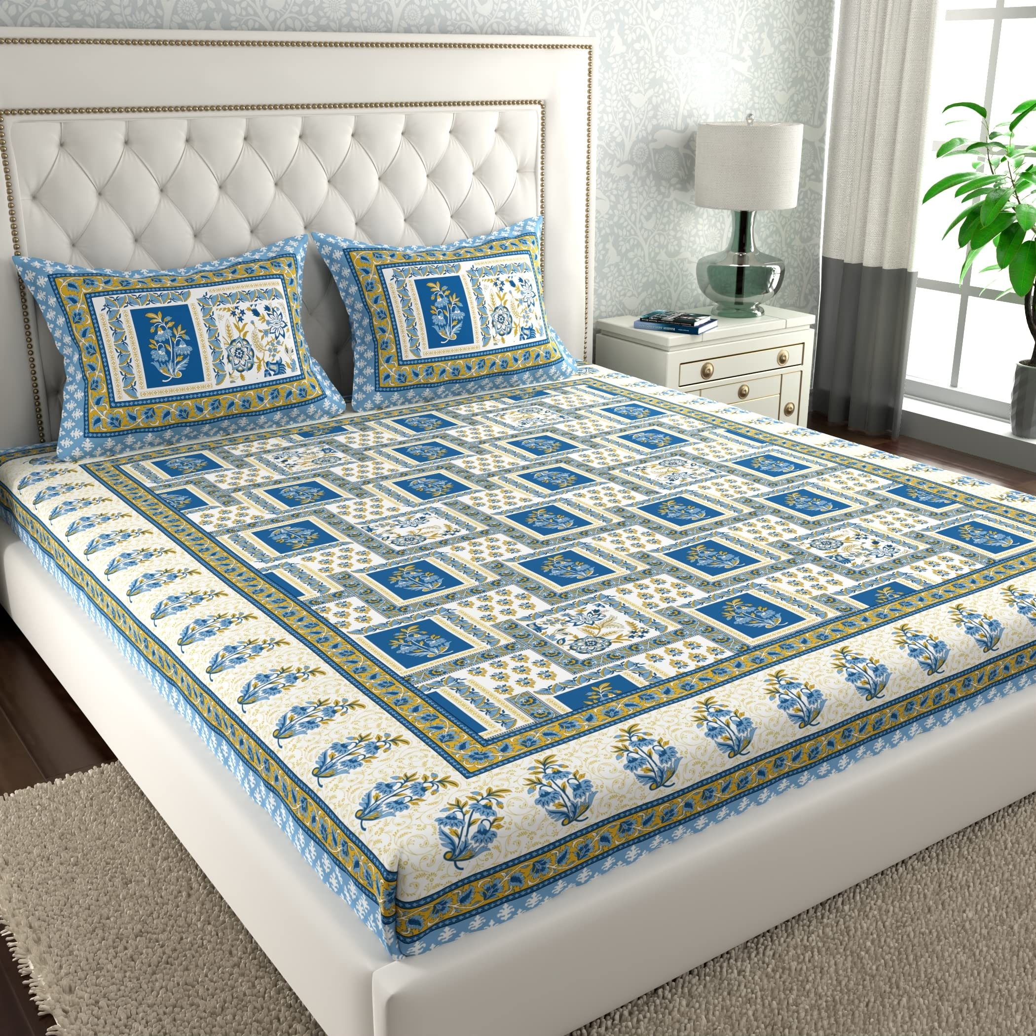 La Verne140 TC 100% Cotton King Size Jaipuri Rjasathani Print Bedsheet with 2 Pillow Covers (White-Blue) (B0BZWCRNWP) Amazon Price History, Amazon Price Tracker