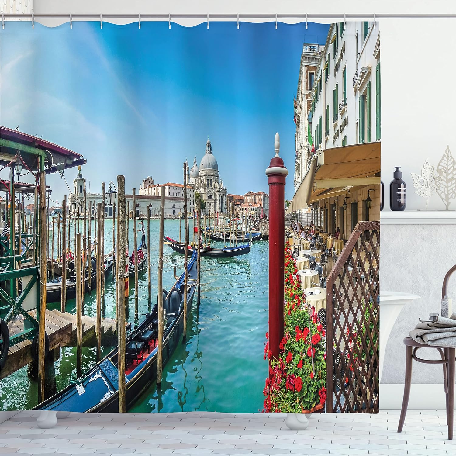 Ambesonne Scenery Shower Curtain, Gondola on Canal Grande Architecture Background Sunny Day Venice Image Print, Cloth Fabric Bathroom Decor Set with Hooks, 69" W x 75" L, Multicolor