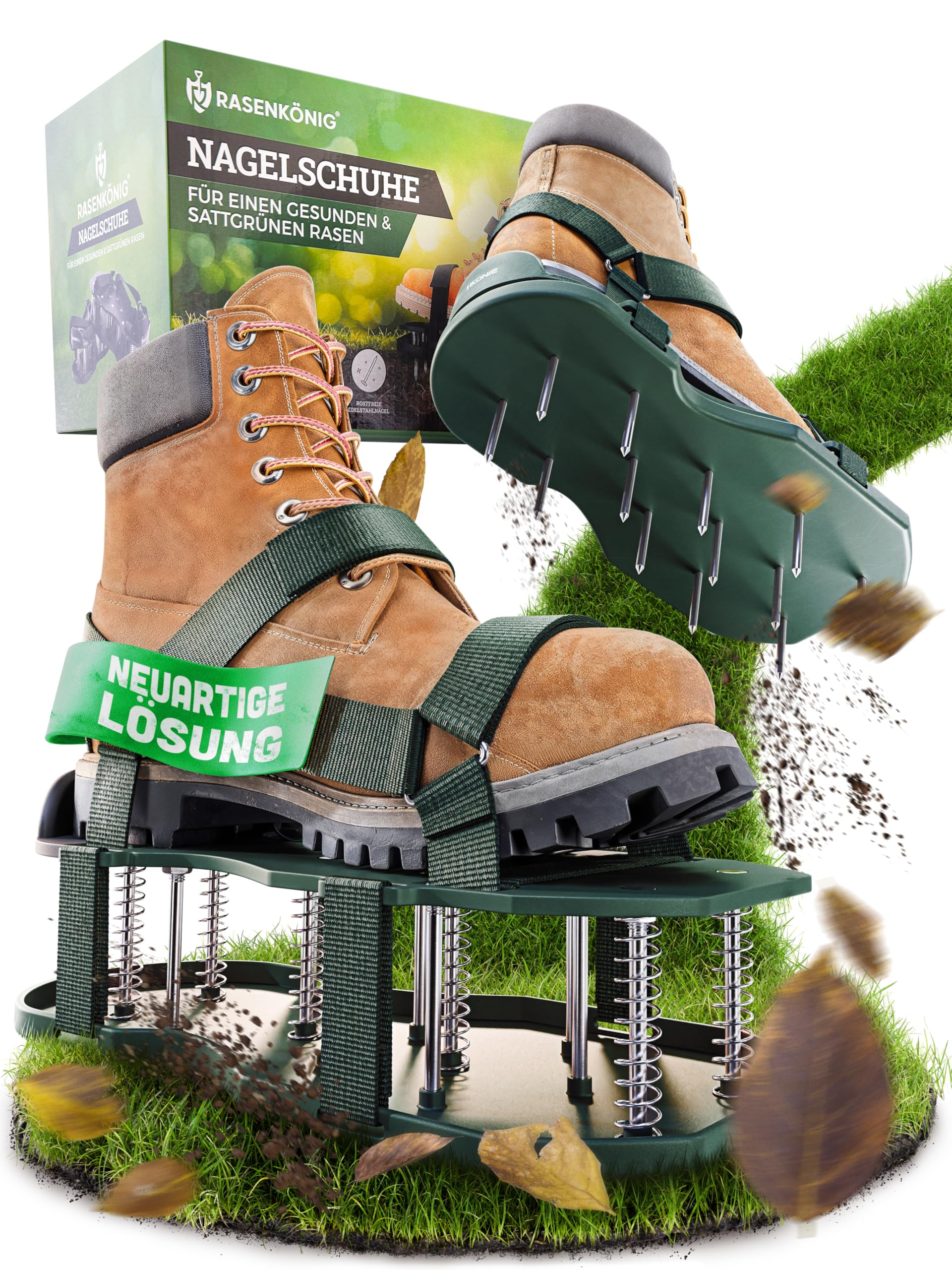 RASENKÖNIG Nagelschuhe Pro | Rasenlüfter Schuhe + Estrichschuhe | Rasenbelüfter Vertikutierer und Aerifizierer für Rasenbelüftung | Premium Rasenschuhe zum Rasen belüften und auflockern - vormontiert