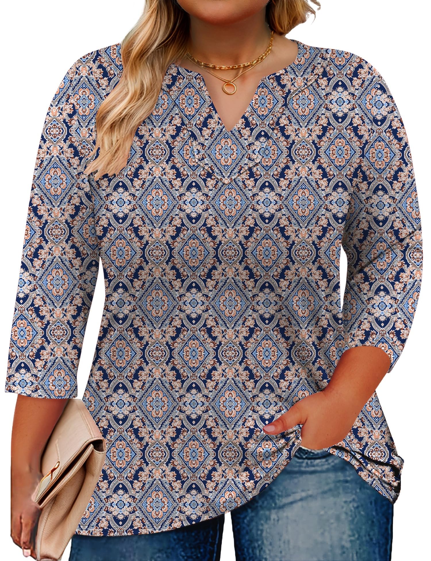 Romanstii Womens Plus Size Tops Casual 3/4 Sleeve V Neck T Shirt Loose Fit Tunic Blouse 1X-5X