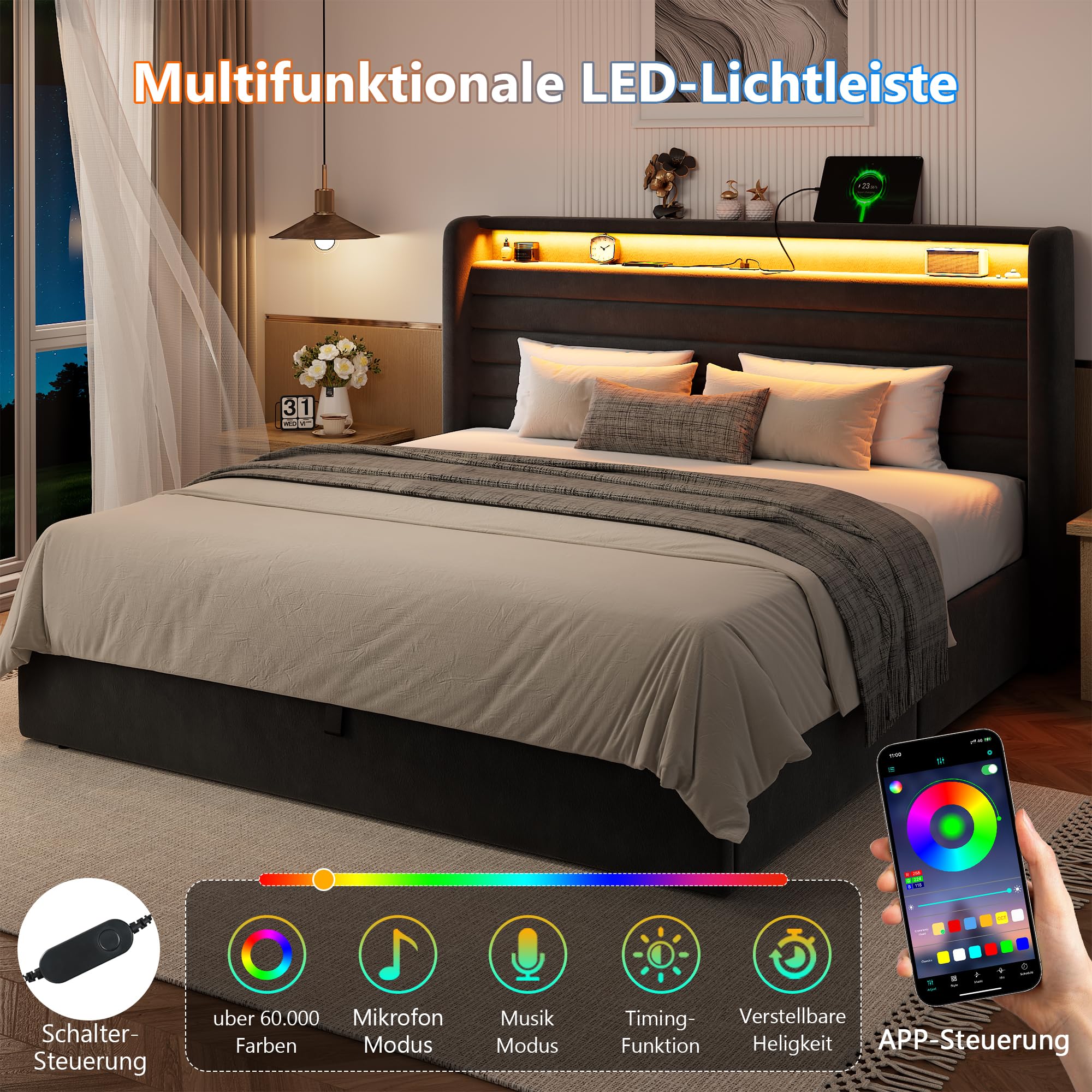 FEONASE Bett 180x200 mit Stauraum, Polsterbett 180x200 cm mit LED-Beleuchtung & Ladestation, Bettgestell mit Hydraulischem und Leinen Kopfteil Stauraum, Lattenrost, Ohne Matratze, Velous Dunkelgrau