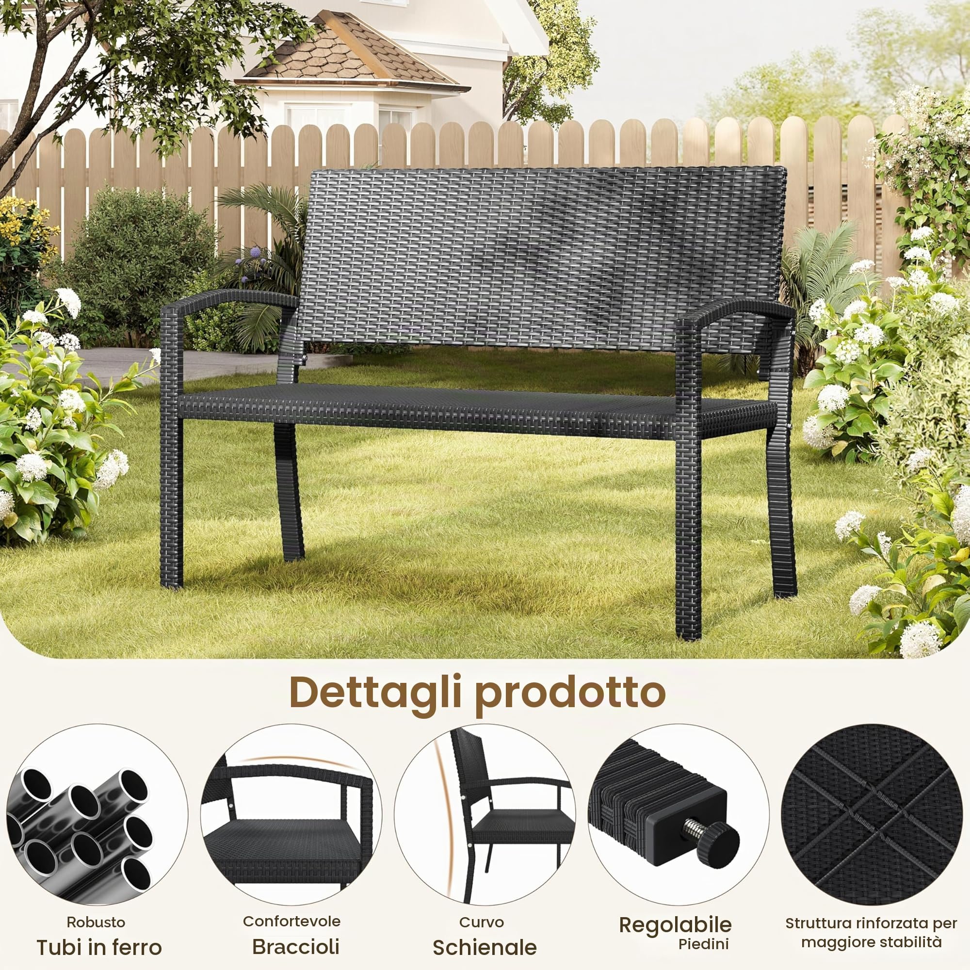 Yaheetech Panchina in Polyrattan da Giardino per 2 Persone Panca da Esterno Impermeabile con Schienale e Braccioli per Balcone Terrazza 121,5 × 62 × 89 cm Nero