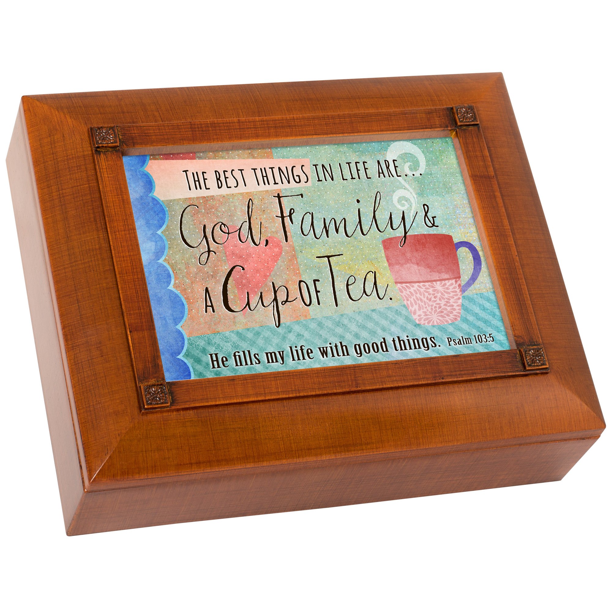 Best Things in Life Are God Famil Woodgrain Embossed Tea Storage Jewelry Box