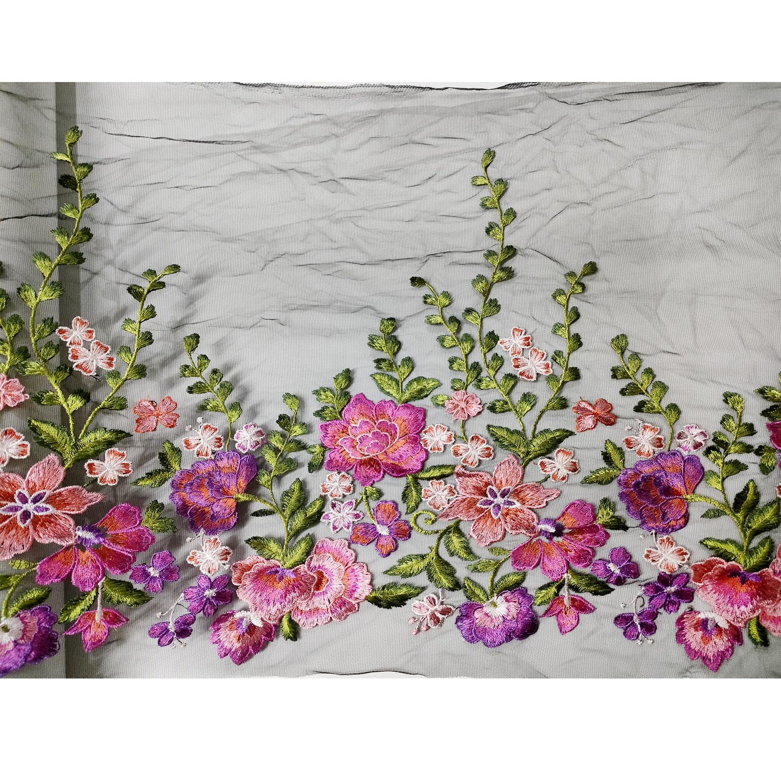 1Yard Lace Fabric Trim, 16inch Wide Embroidered Colorful Flowers Lace Trim, Part of Dress Home Party Sewing on Applique Patches for DIY Decoration (Black mesh)