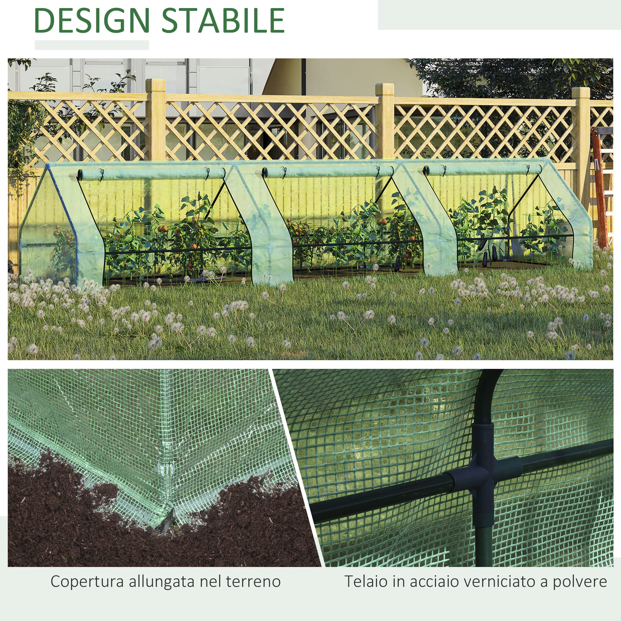 Outsunny Serra per Orto Impermeabile e Anti UV con 3 Finestre Avvolgibili, Mini Serra per Piante in Acciaio e Polietilene, 400x100x80 cm, Verde