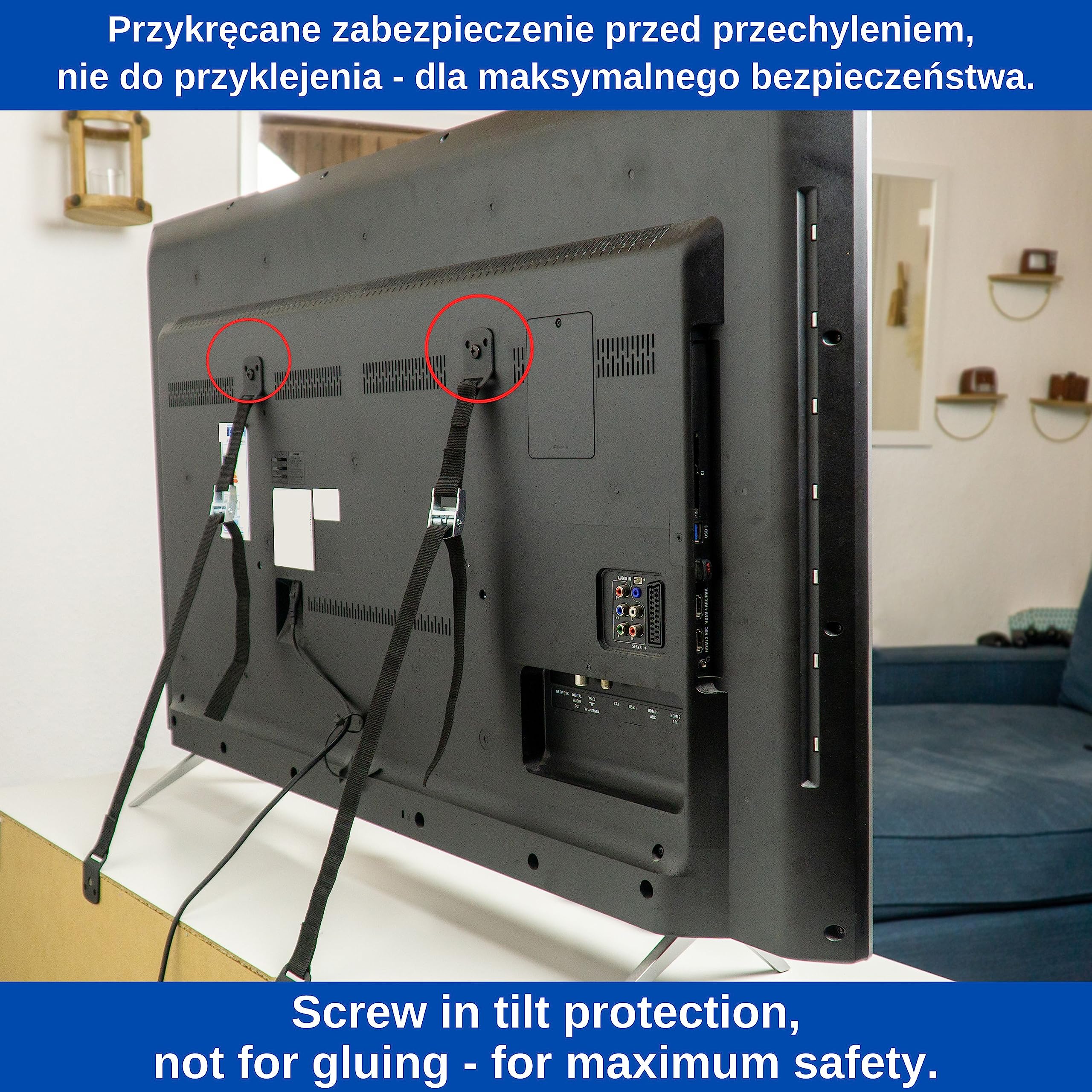 Zabezpieczenie przed wywróceniem się telewizora, półki i szafki, opakowanie 2 szt. do przykręcenia, łatwe do aktywacji/dezaktywacji, dla małych dzieci i zwierząt domowych, w zestawie kołki i śruby