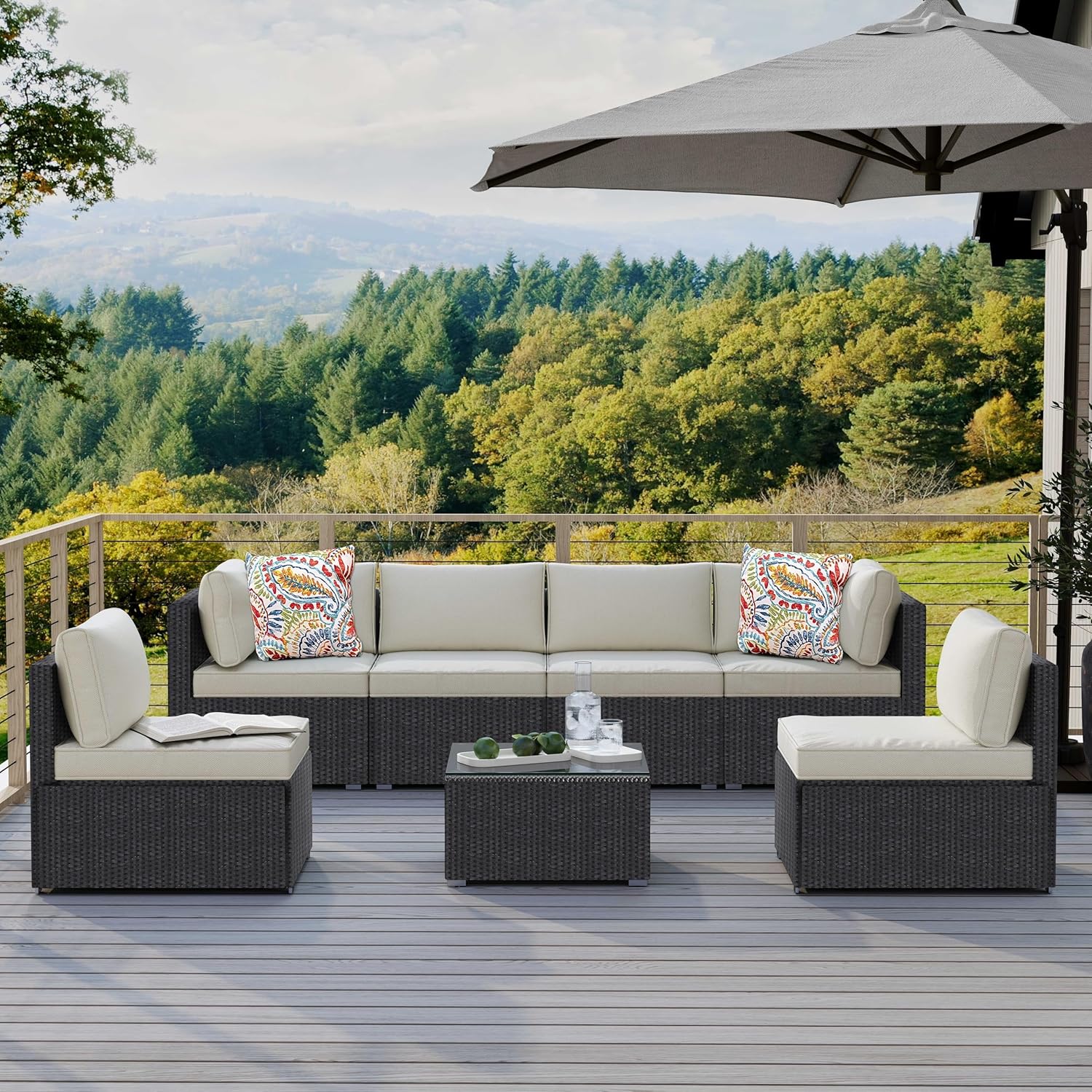 7-Piece Outdoor Patio Furniture Set – Handwoven All-Weather Rattan & 4” Thick Waterproof Cushions, Wicker Outdoor Conversation Sets with Coffee Table for Deck, Backyard, Garden, 2026, Black/Beige