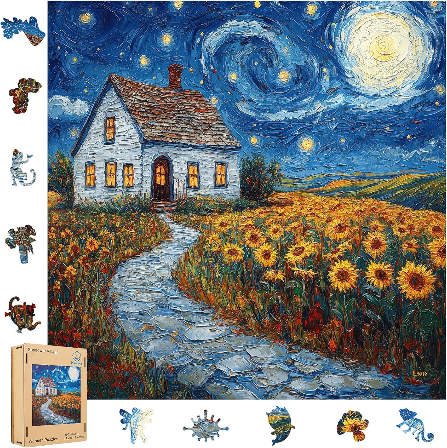 Pikoqunc Sunflower Village Wooden Puzzles for Adults,500 Pieces 15.9x15.9 in,Charming Countryside Jigsaw Puzzle with Unique Laser-Cut Pieces and Exquisite Box, for Family Fun and Festival