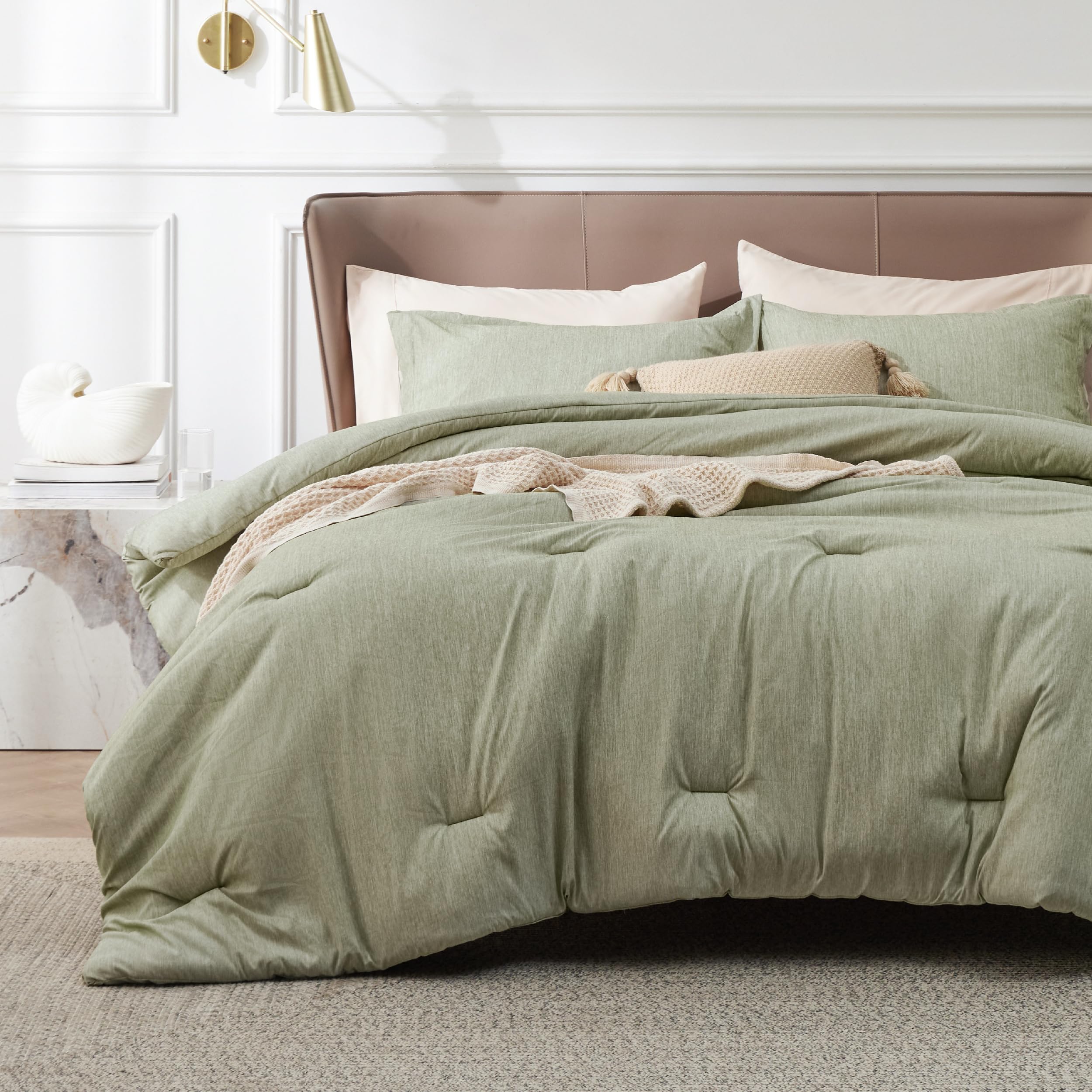 Bedsure Tea Green Full Size Comforter Set, Cationic Dyed Bedding Set 3 Pcs