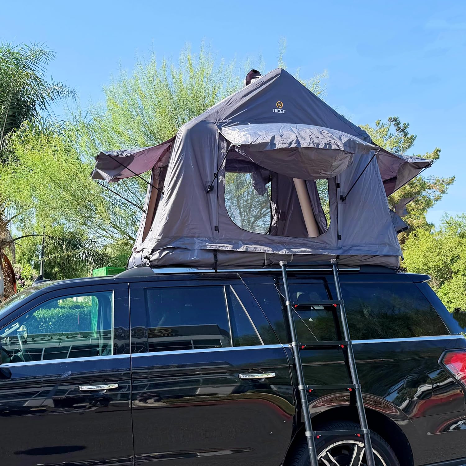 Nice C Inflatable Rooftop Tent with Air Mattress & Ladder, SUV Truck Car Tent for Camping, Easy Setup Pop-Up Camping Car Roof Tents with Pump, Waterproof Windproof Overland Tents (Black&Grey)