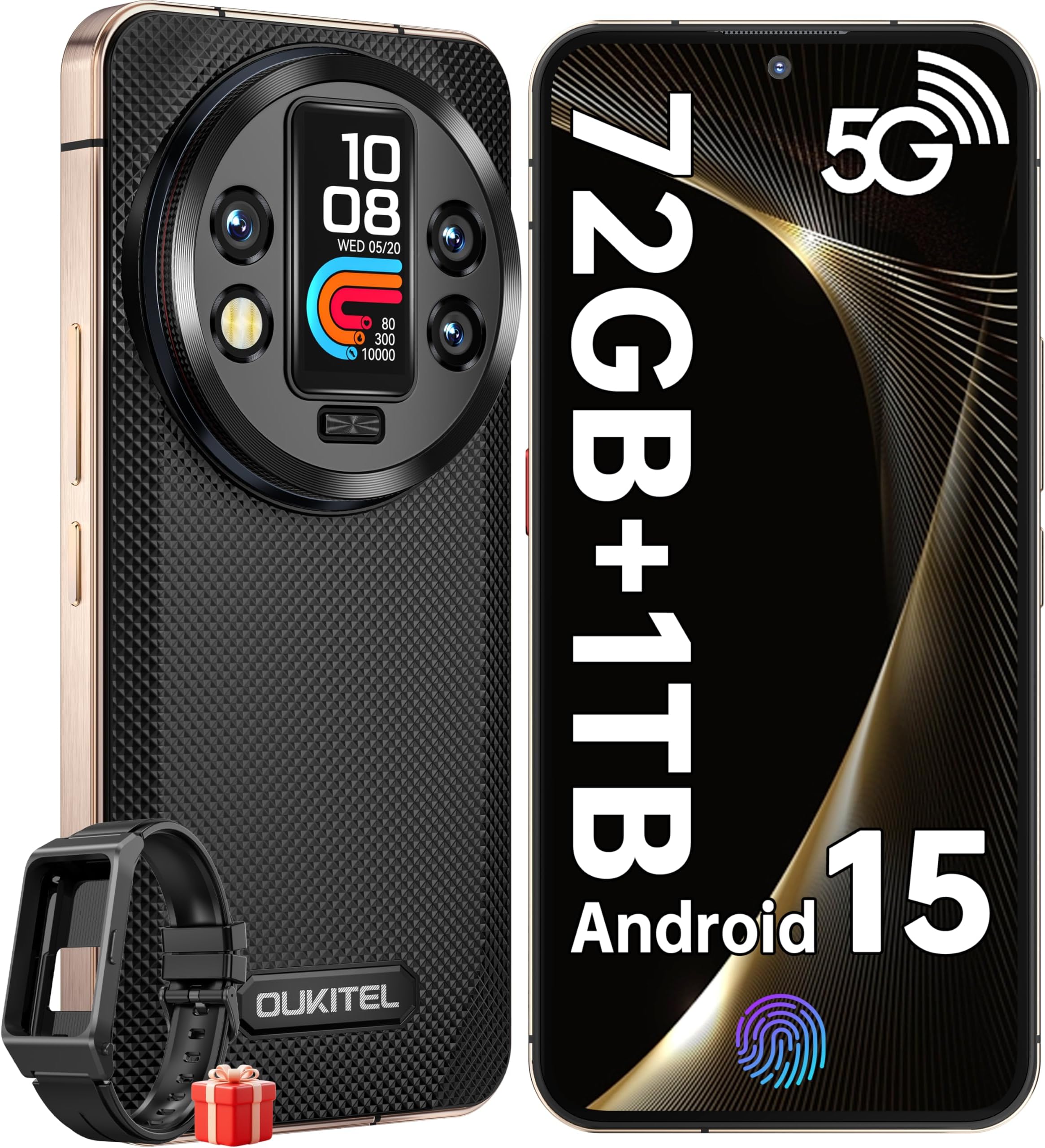 OUKITEL WP200 Pro Android 15 5G Rugged Smartphone Unlocked - 72GB+1TB Rugged Phone with Earphone/SmartWatch, 108MP Camera 8800mAh Battery, 6.7" FHD+ 120Hz Cell Phone, NFC/OTG/BT5.3/GPS/WIFI6, Black