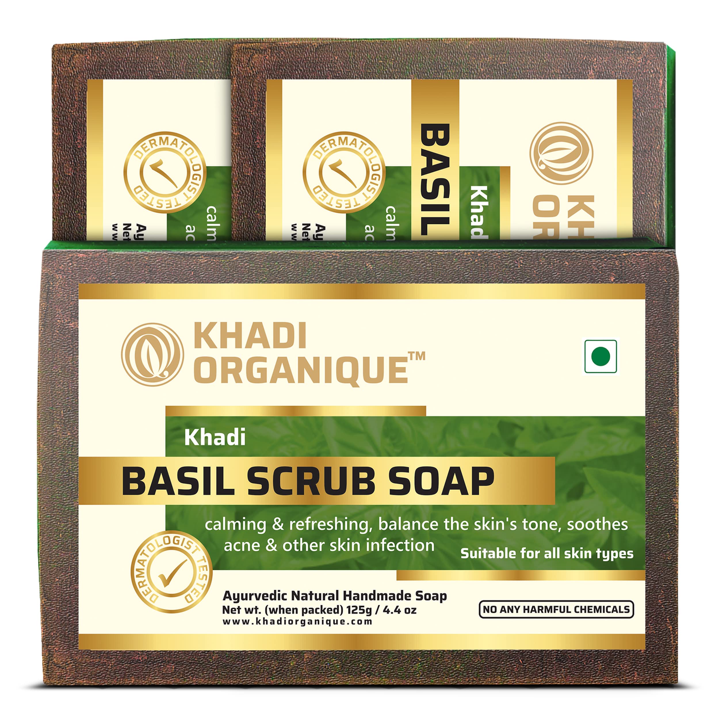 Khadi Organique Natural Herbal Basil Scrub Soap | Pack of 3 (125g Each) | Gently Cleanses Dirt, Exfoliates Dead Skin Cells & Refreshes Skin | Daily Bath Essential